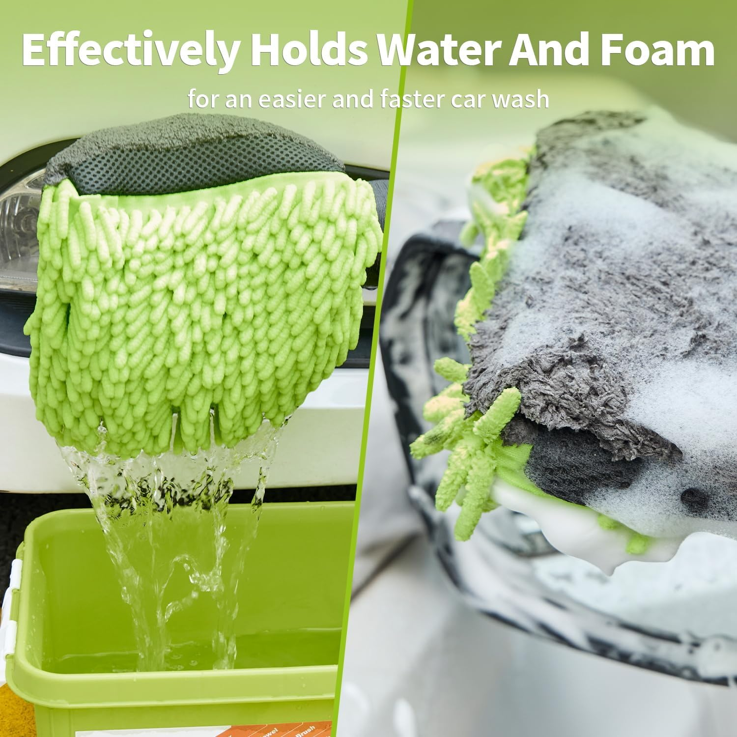 DU Life Car Wash Mitt, 2PCS Microfibre Noodle Car Washing Mitts, Efficient 3In1 Car Cleaning Mitt, Car Wash Mitt Gloves with Elastic Wrist Cuffs for Whole Car Washing - Green image number 6