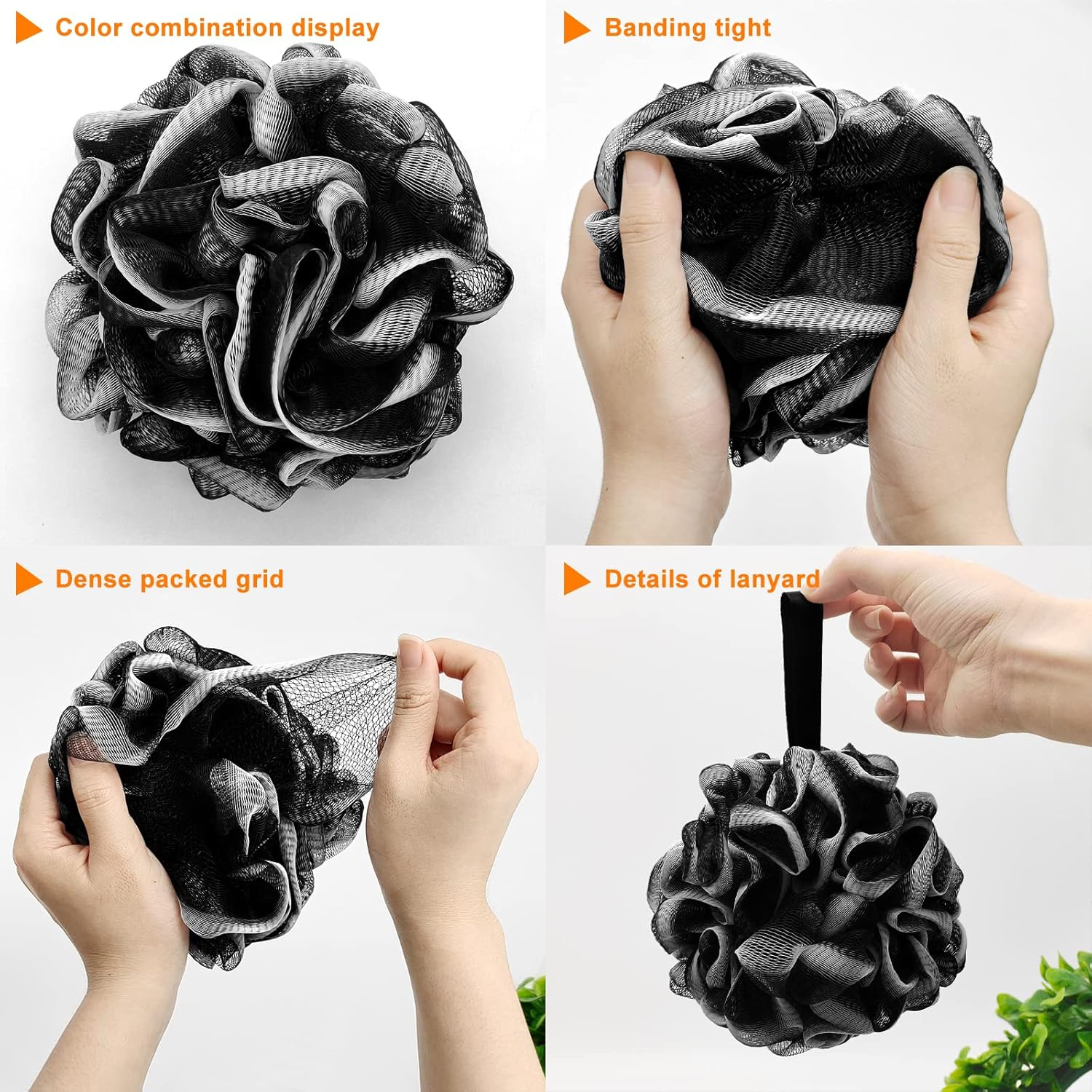 Loofah Charcoal Bath Shower Sponge Body Scrubber,75G XL Exfoliate Mesh Pouf Shower Bouquet,3 Pack Black Large Bath Sponge for Women and Men image number 6