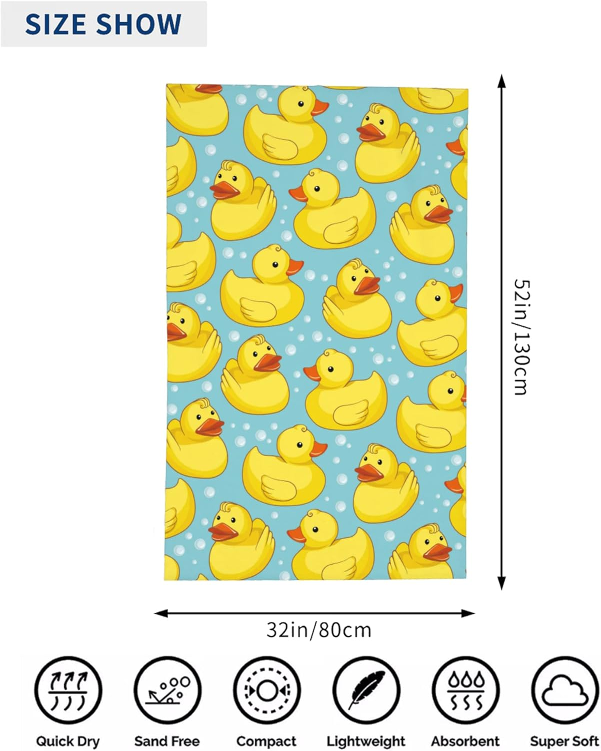 HUIANBPO Cute Cartoon Rubber Ducky Print Microfiber Beach Towel 32X52Inch,Large Bath Towels for Kids and Adults - Quick Dry Absorbent Sand Free Towel for Bathroom,Pool,Shower,Travel,Sport