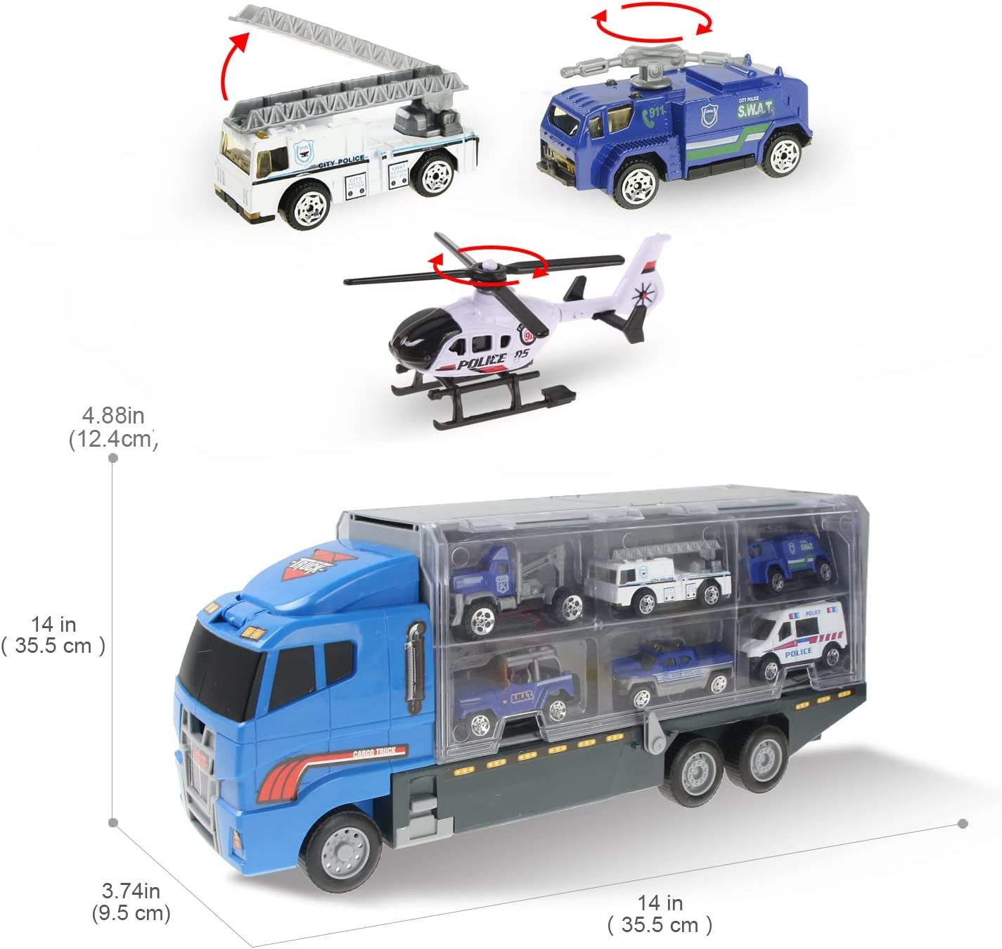 Jenilily Police Car Toy Truck Mini Rescue Vehicles Playset in Carrier Truck for Kids 3 4 5 Years Old image number 4