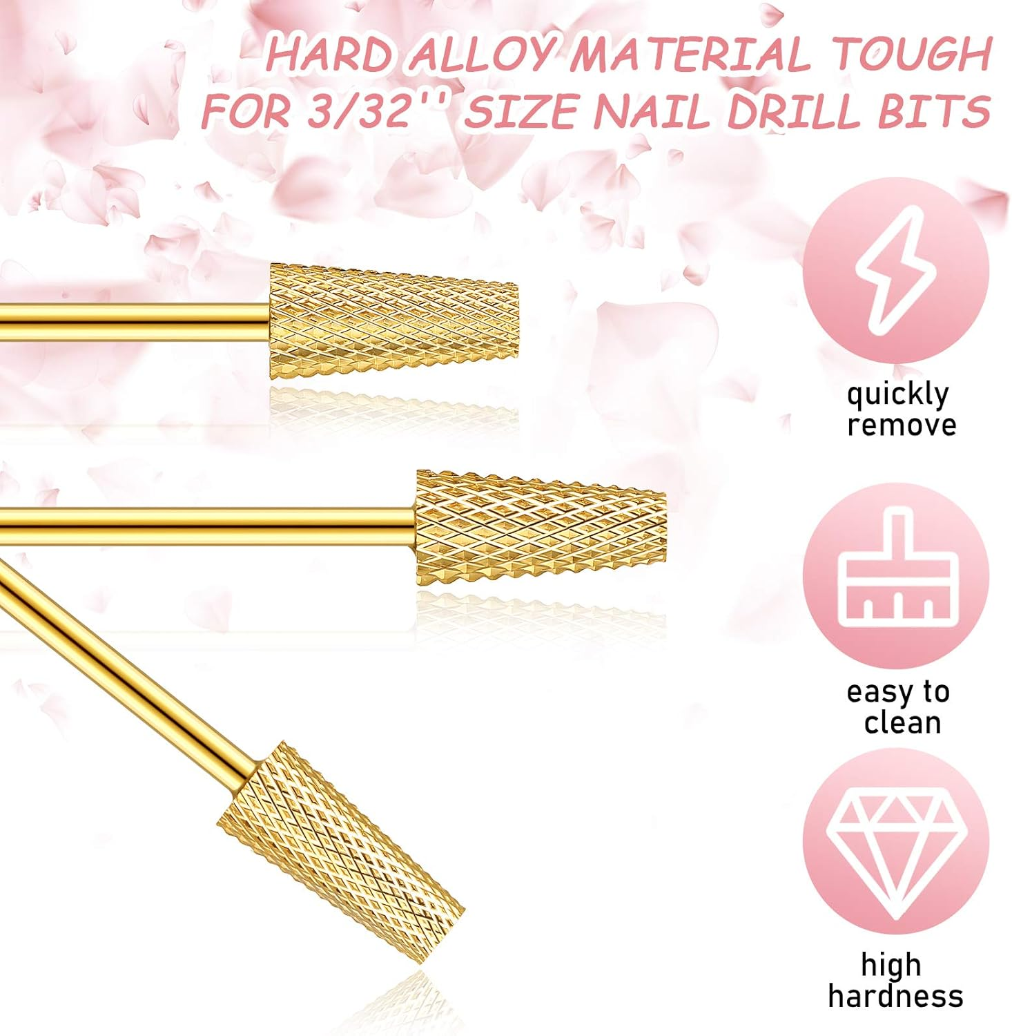 3 Pieces Tapered Barrel Carbide Nail Drill Bit, 3 Sizes Carbide Nail Drill Bit Acrylic File Cuticle, Art Tools for Gel Manicure Pedicure(Xf, F, M,Gold) image number 2