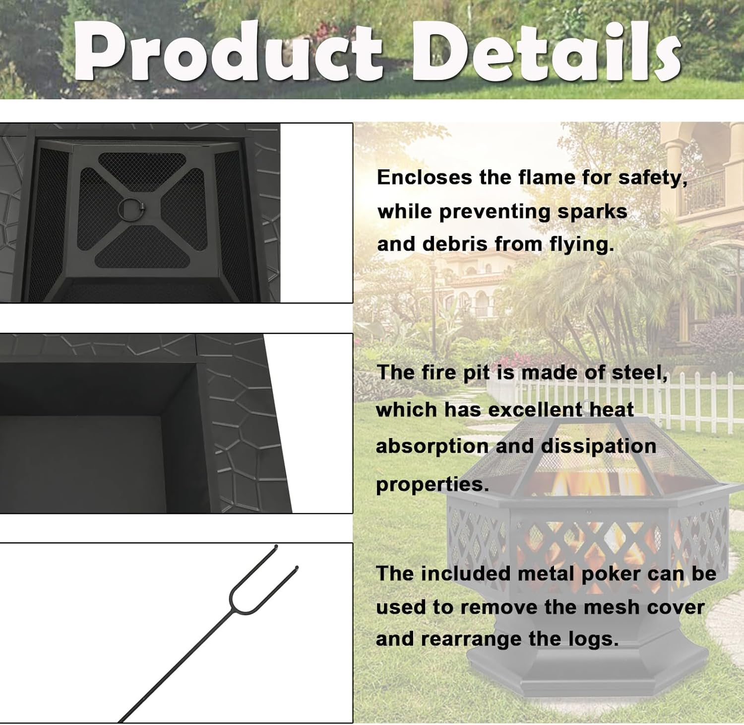 Outdoor Metal Fire Pit Backyard Patio Square Garden Stove Fire Pit with Poker image number 3