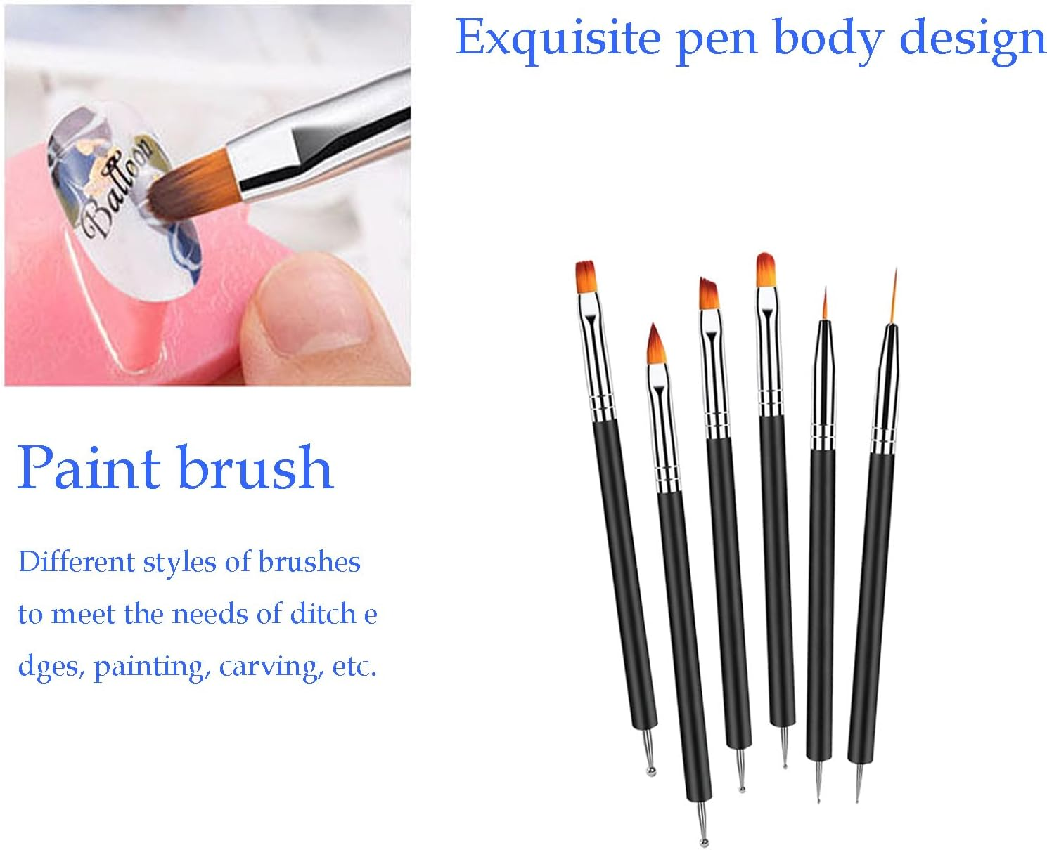 Homtop Kit with 6 Double Tip Brushes for Nail Art, Gel Polish, Eyeliner, Drawing and Detailing - Professional Design Pen Set image number 5