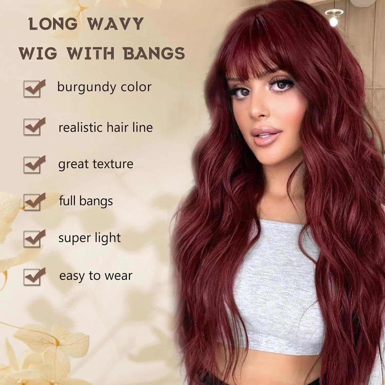 26 Inch Long Burgundy Wig with Bangs for Women, 26 Inch Heat Resistant Synthetic Fiber, Natural Looking Red Wavy Hair - Weidllys image number 5