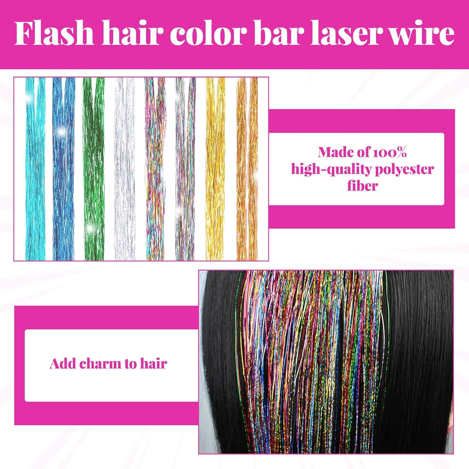 Hair Tinsel, Hair Glitter, Braiding Hair Extensions, 12 Color 2400 Silk Hair Tinsel with Tool, Extensions Highlights Multi-Colors Synthetic Shiny Hair, Suitable for Women and Girls Party Look image number 2