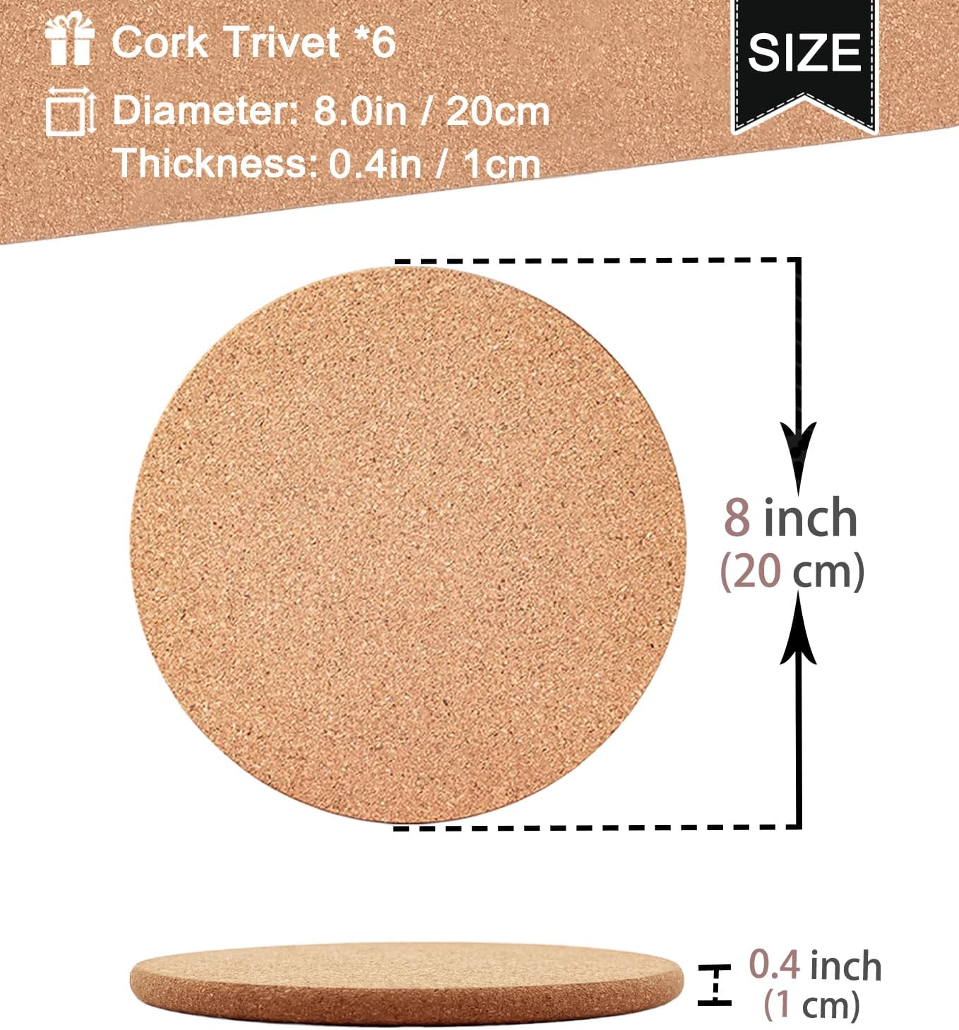 Cork Trivet, 6 Pack High Density Thick Cork Coaster Set for Hot Dishes and Hot Pots, 8 Inch Heat Resistant Multifunctional Cork Board, Hot Pads for Table & Countertop image number 4