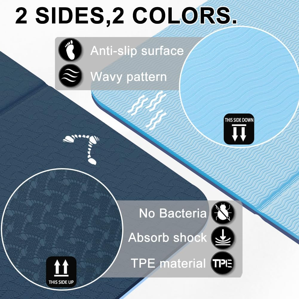 Foldable Yoga Mat,6Mm TPE Yoga Mat,Double Layers Exercise Mat with Anti-Slip Function&A Storage Bag for Yoga,Pilates and Fitness Exercise,Compact Fitness Mat 183Cm*61Cm* 6Mm