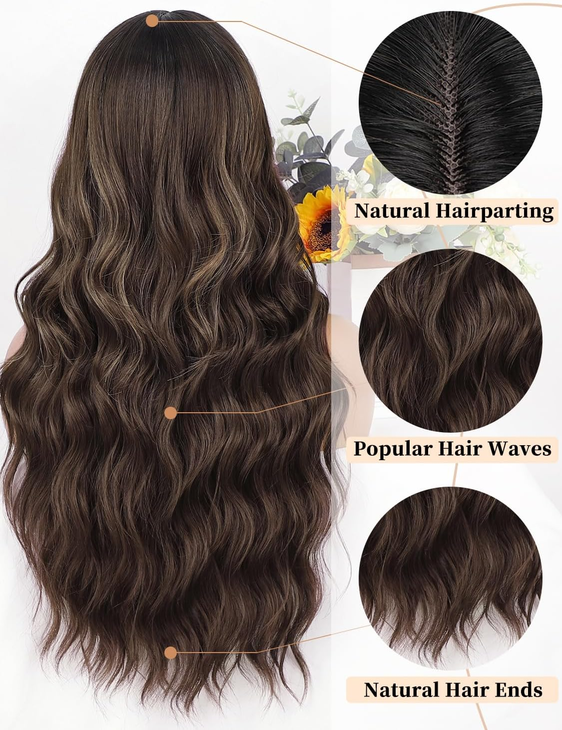 AISI QUEENS Brown Wig with Bangs for Women Long Wavy Hair Wig Brown Highlight Wig Curly Wavy Synthetic Wigs for Girls Daily Party Use image number 4