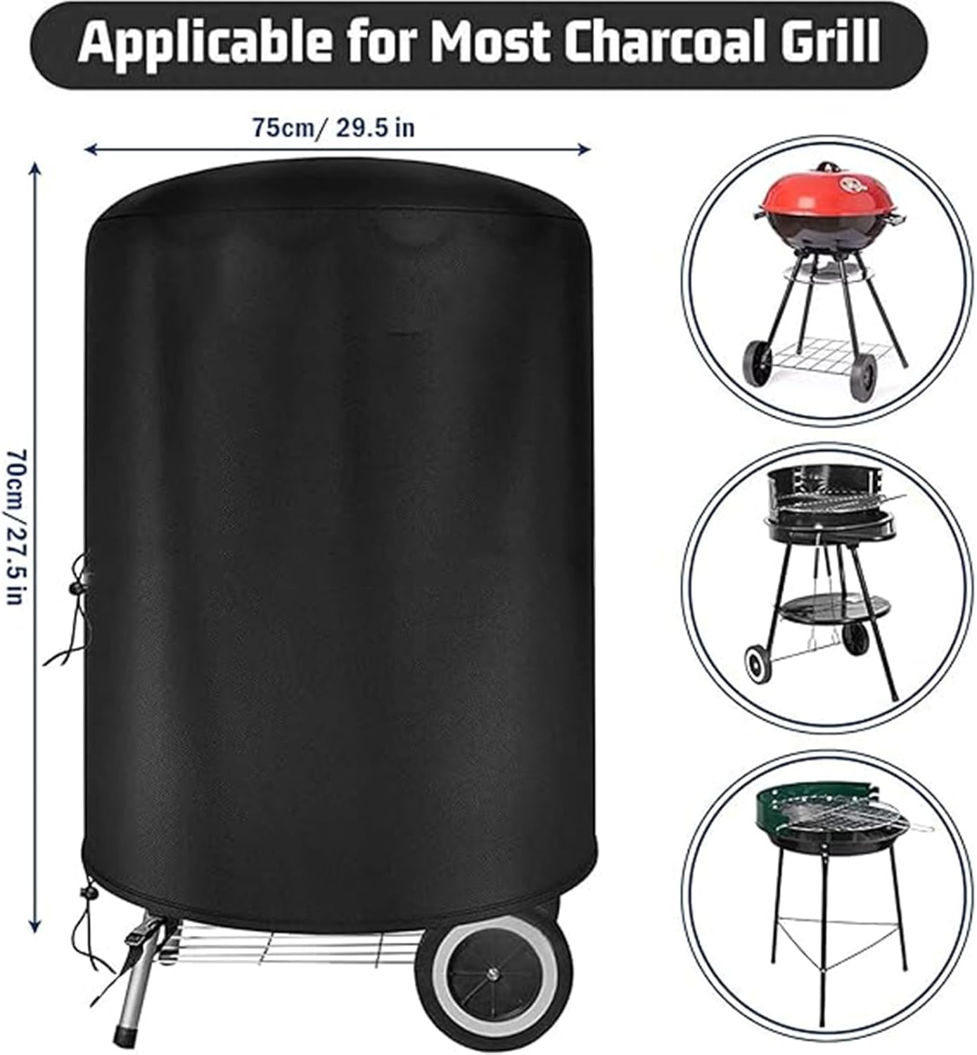 75X70Cm BBQ Grill Cover round Waterproof Dust-Proof UV Resistant Gas Grill Cover Outdoor Gas Charcoal Barbecue Gill Protector Cover for Weber Charcoal Kettle and Other Kettle Style Barbecue Grill image number 4