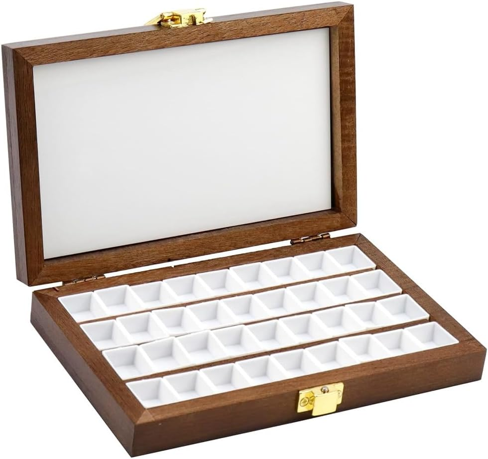 Wooden Watercolor Paint Palette Box - 36 Cells - Dark Walnut & Plastic - Portable & Reusable