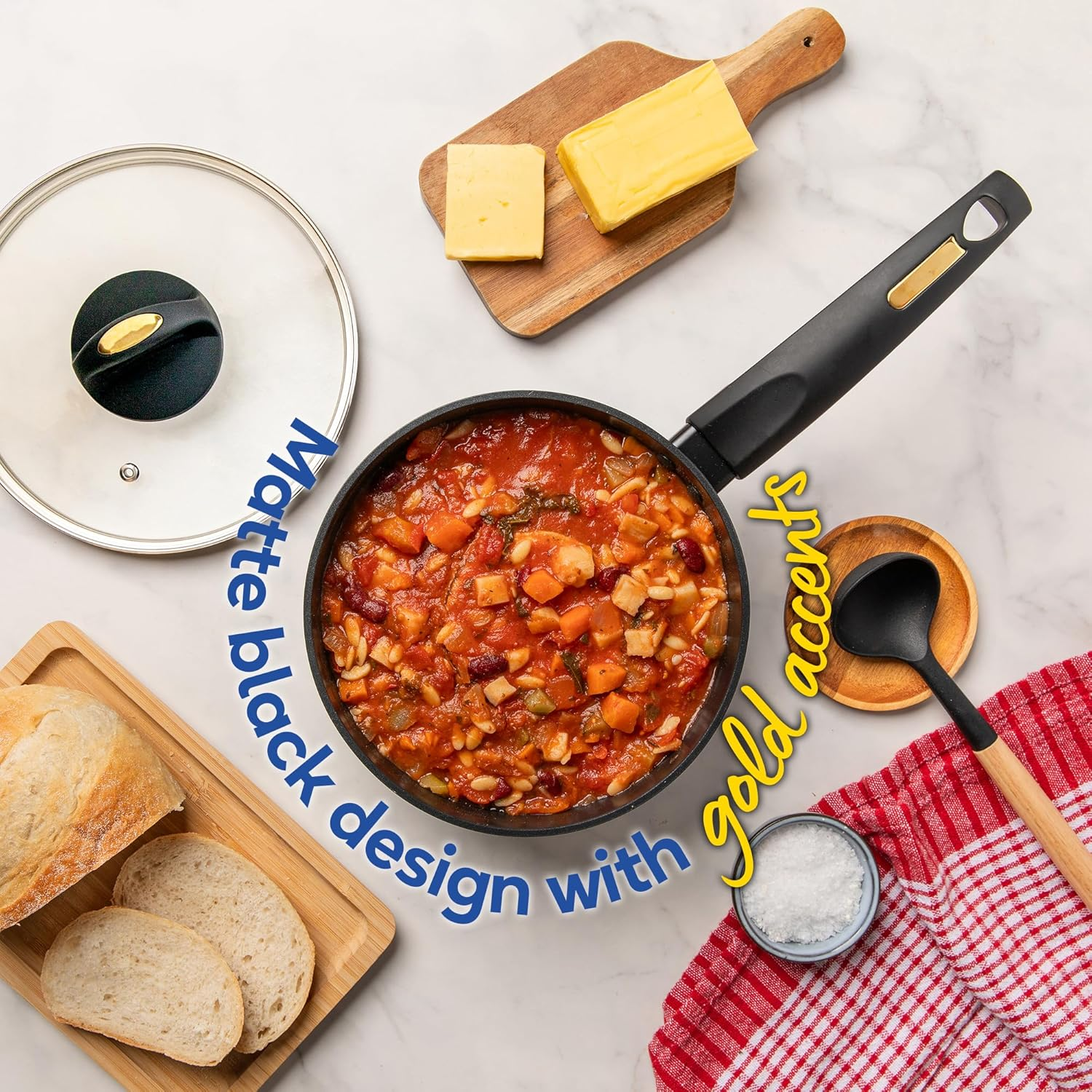 Russell Hobbs Noir Gold 20Cm Saucepan, RHCW20SNG, Induction Compatible, Soft Touch Bakelite Handle, Tempered Glass Lid, Easy Clean Non-Stick Surface, Stylish Gold Accents image number 3