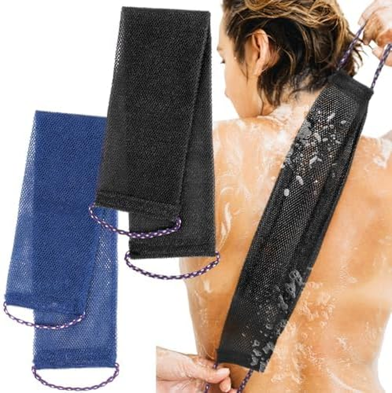 2 PCS African Net Sponge - Authentic Exfoliating Body Scrubber with Stretchable Nylon Mesh, Durable Hygienic Shower Back Scrubber for Men & Women (Black+Blue)