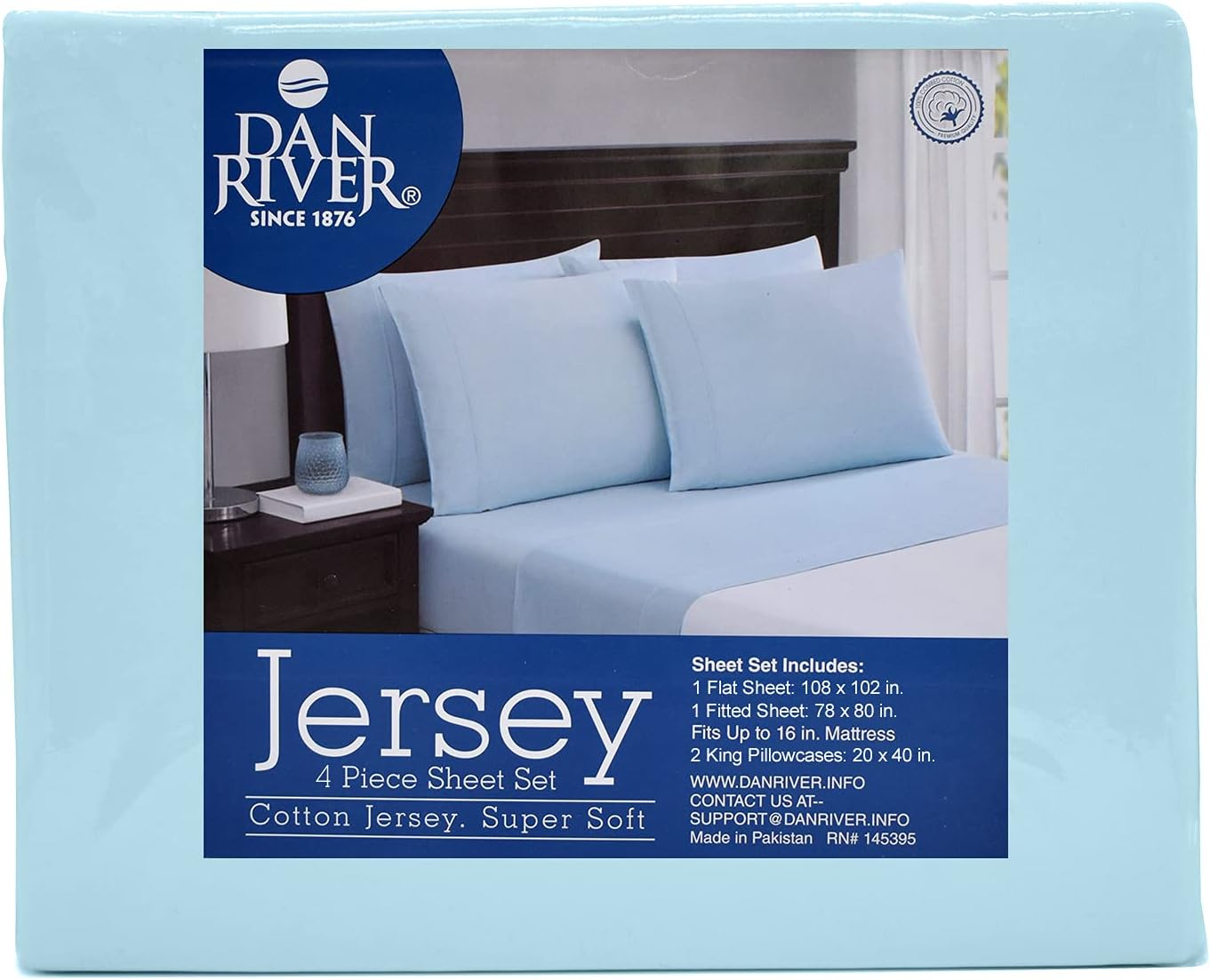 DAN RIVER King Jersey Sheet Set|Luxury Heather 100% Cotton Bed Sheets|T-Shirt Sheets|All Season Bedding|Soft Comfortable Deep Pocket Jersey Cotton Bed Sheets (4Pc, King, Light Blue)