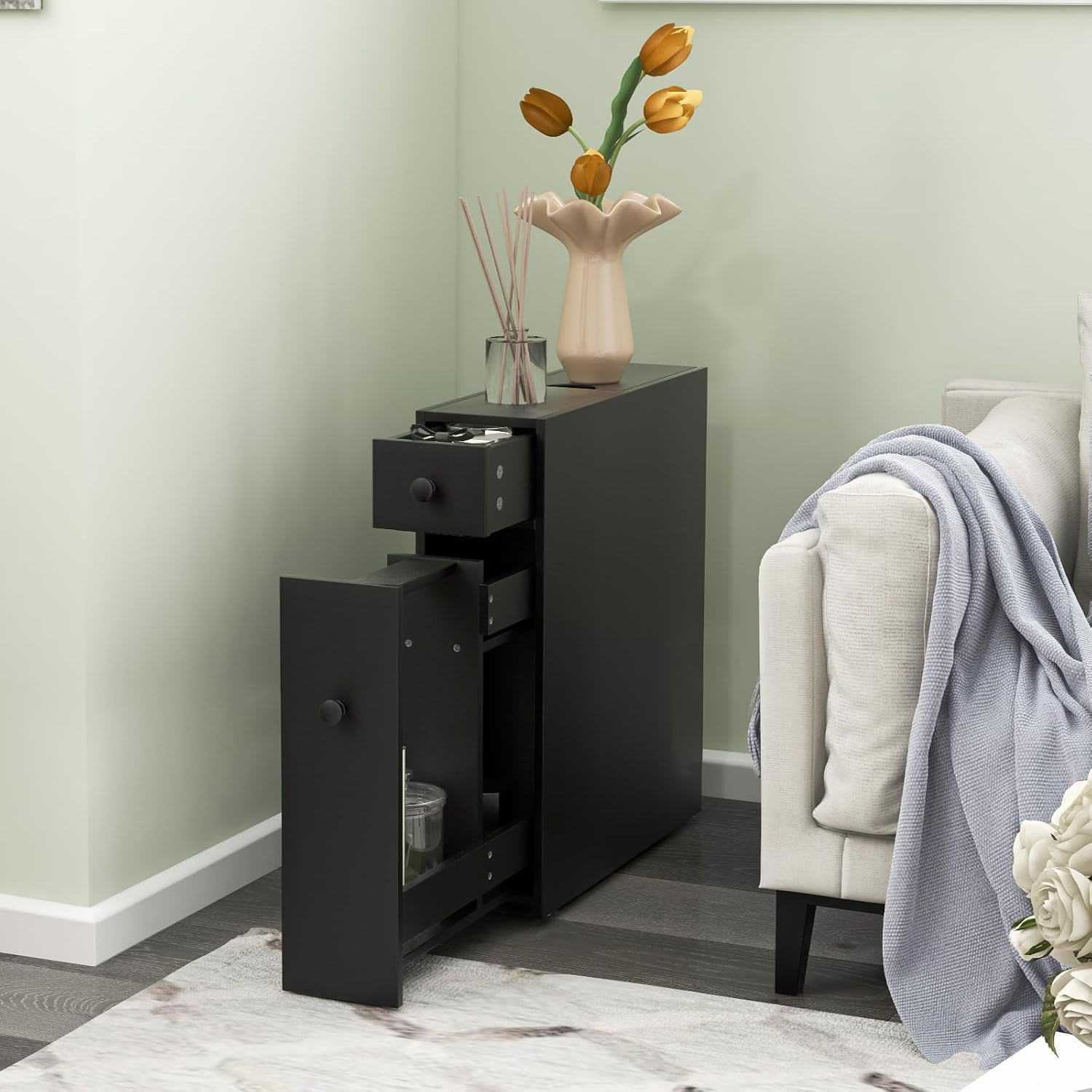 Giantex Slim Bathroom Cabinet, Freestanding Storage Cabinet, Toilet Paper Holder, Side Cabinet Storage Unit W/Pull-Out Drawer & Shelf for Narrow Space Bathroom Living Room Kitchen (Black) image number 1