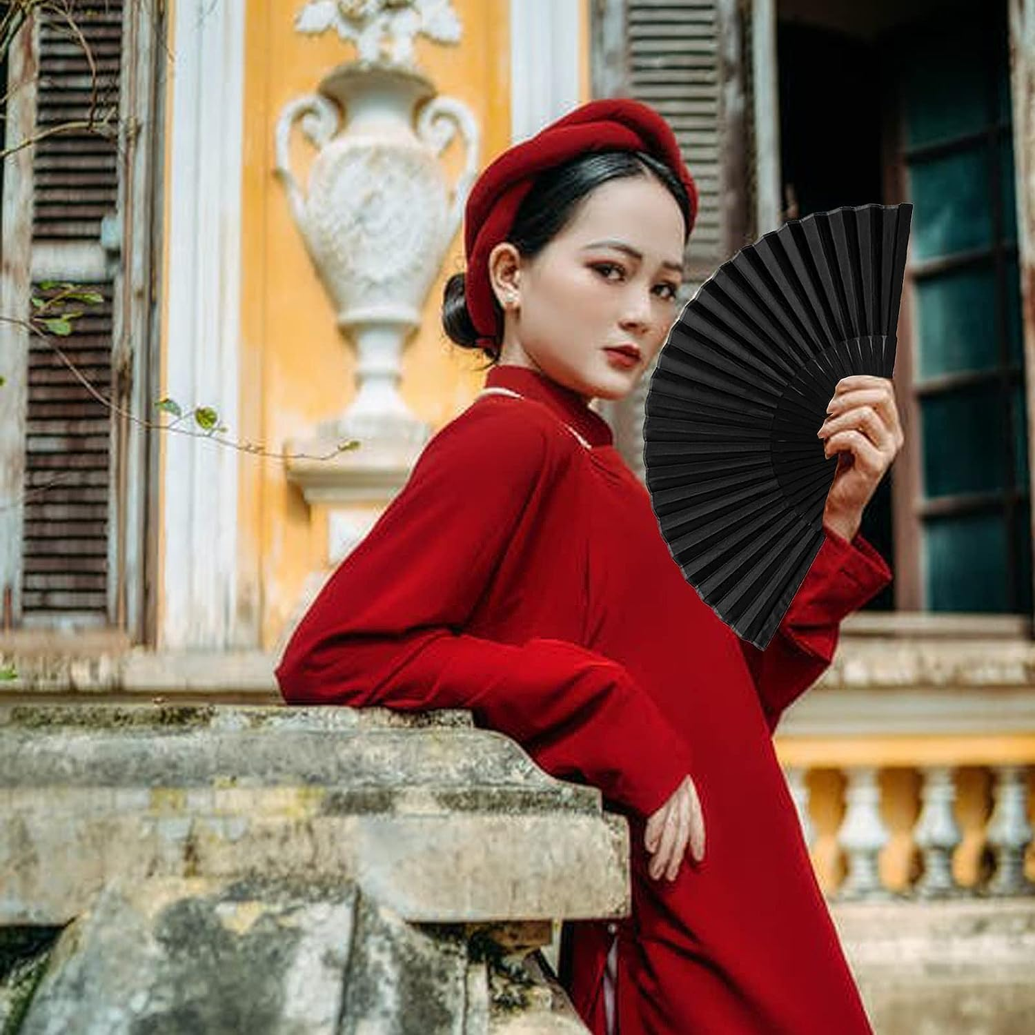 3Pcs Black Handheld Folding Fan, Chinese Retro Fabric Fan Handheld Fabric Bamboo Fan Black Chinese Ladies Folding Fan for Performances, Dances, Parties and Gifts image number 5