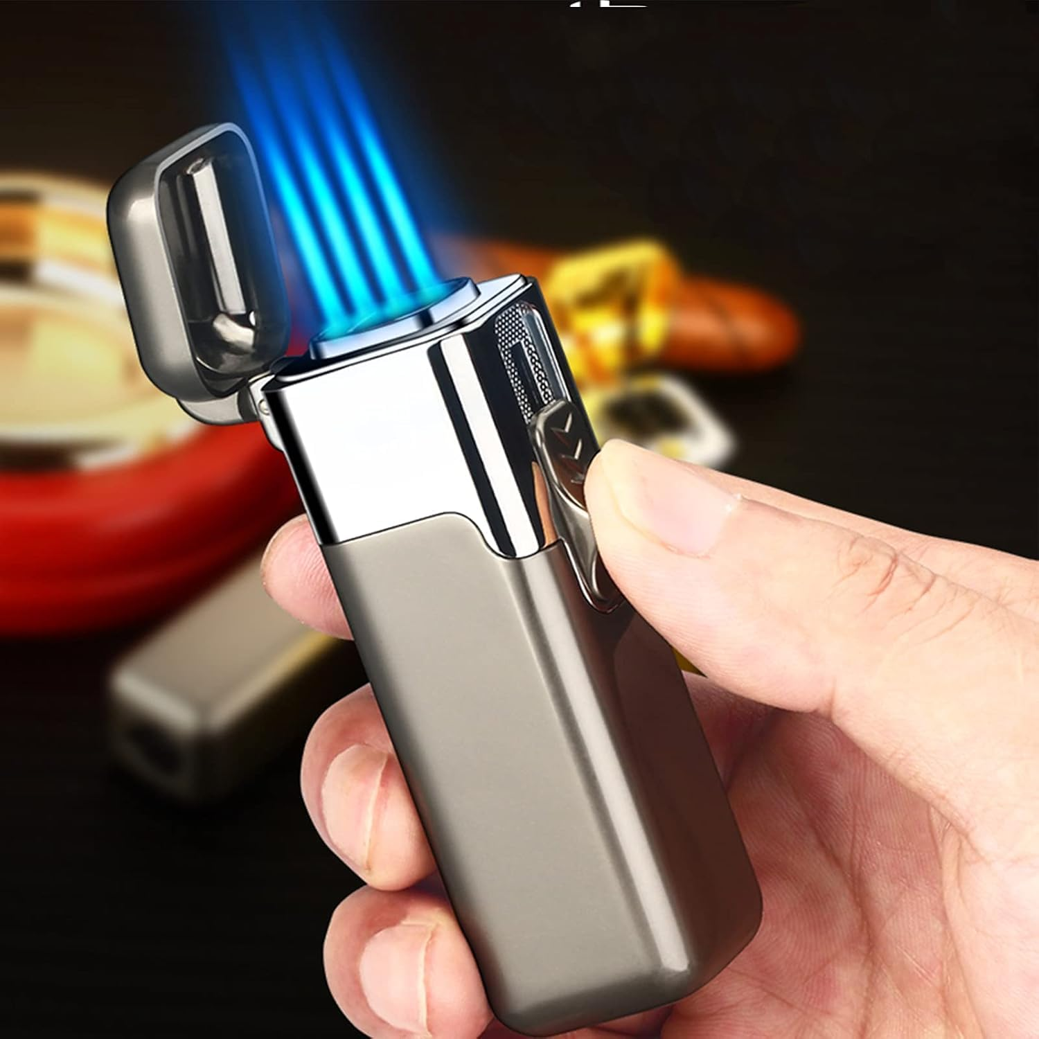 Gifts for Men, Torch Lighter, Quad 4 Jet Flame Cigar Lighter, Refillable Butane Lighter Windproof Multi Utility Lighter for Candle, Grill, Fireworks, Camping (Without Fuel) in Gift Box Matt Black image number 1