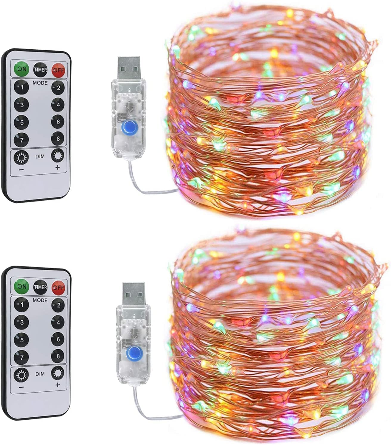 [2 Pack] QOCNAM Led String Lights, 10M 100LED String Fairy Lights USB Powered Copper Wire Lights with Remote Timer,8 Mode Waterproof for Christmas Bedroom Party Garden Wedding Decorative (Warm White)