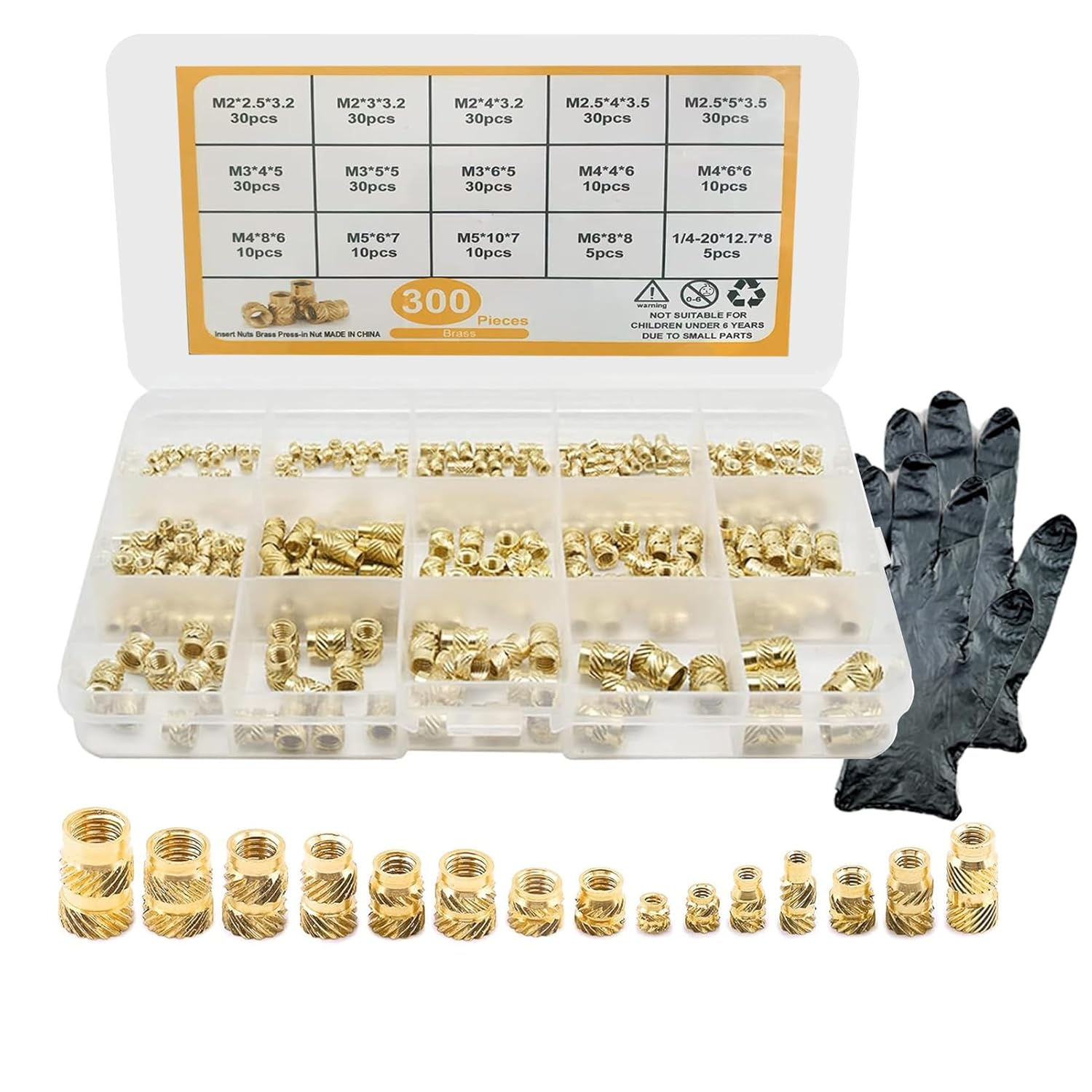 300-Piece Brass Threaded Insert Kit, M2 M2.5 M3 M4 M5 M6 Knurled Nuts Assortment, Heat Set Inserts for Plastic and 3D Printing
