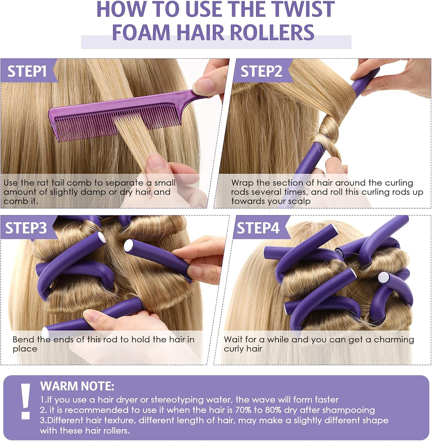 Chuangdi 20 Pcs Flexible Curling Rods Twist Foam Hair Rollers Soft Foam Hair Rods Rollers Curlers and Pintail Comb for Women Long and Short(0.31 X 9.4 Inch,Purple) image number 5
