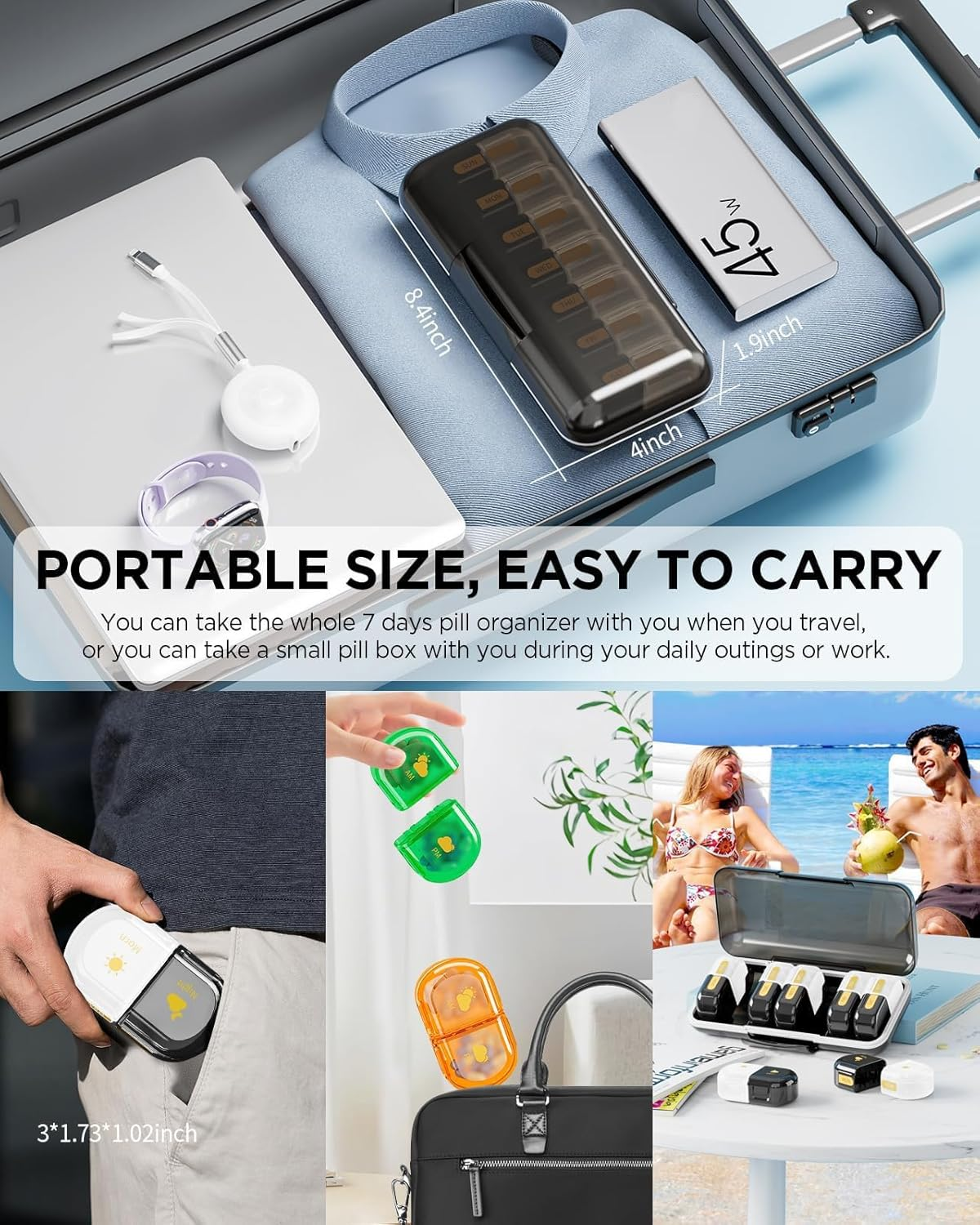 Weekly Pill Box Organiser Pill Boxes 7 Day 2 Times a Day,Portable Daily Pill Dispenser with 14 Detachable Copartments to Hold Vitamins, Cod Liver Oil, Supplements and Medication, Black image number 1