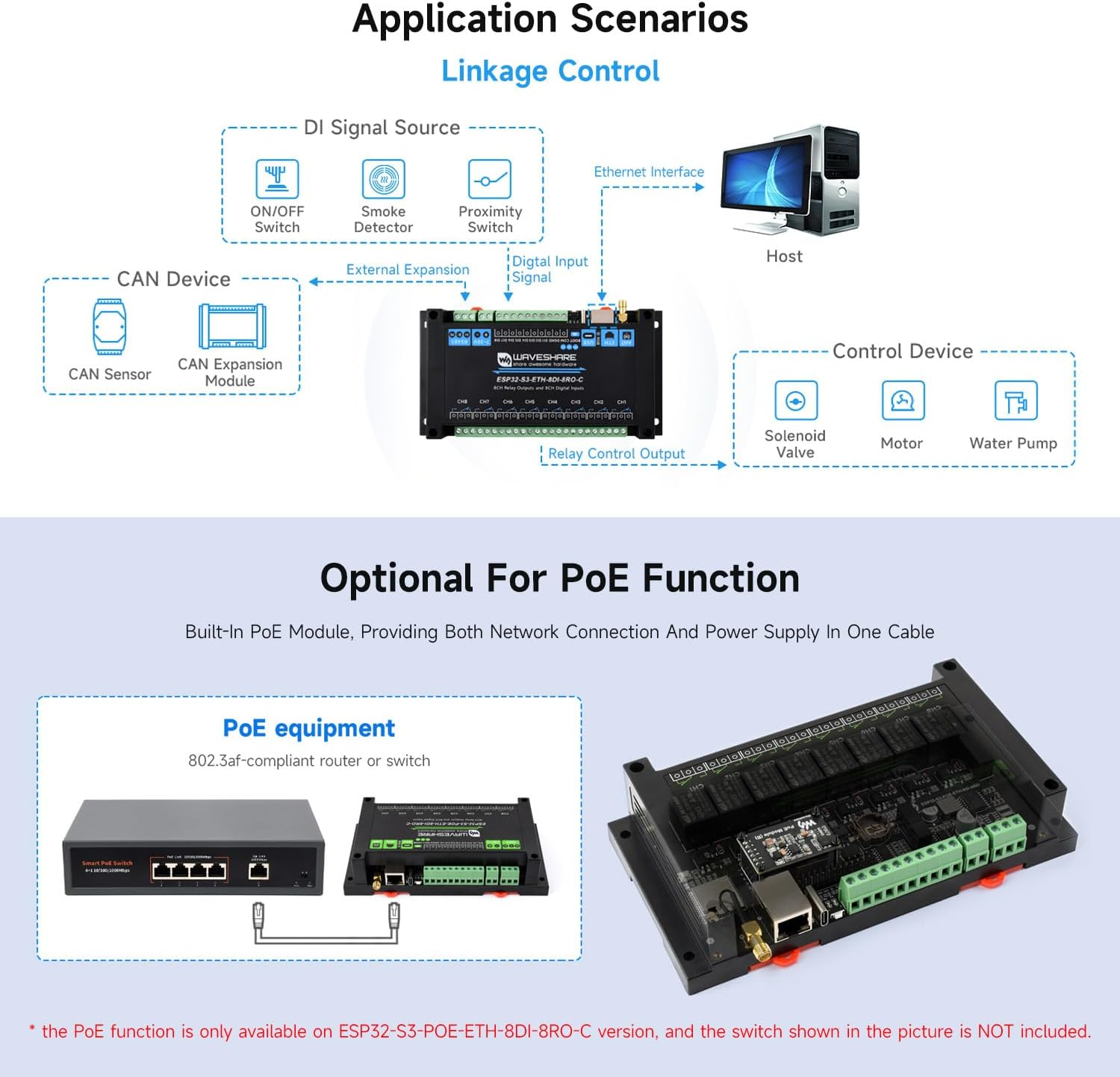 Waveshare Industrial 8-Channel ESP32-S3 Wi-F Relay Module, Isolated CAN Interface, Xtensa 32-Bit LX7 Dual-Core Processor, 240Mhz, Multiple Isolation Protection Circuits, Poe Ethernet Port image number 2