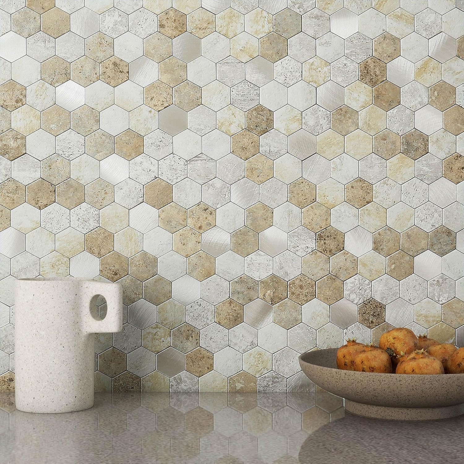 MOFIT Hexagon Peel and Stick Backsplash Tiles Kitchen,Self-Adhesive Metal and Marble Honeycomb Peel and Stick Wall Tiles Sticker Mosaic Heat Resistant(Beige,10Sheets)