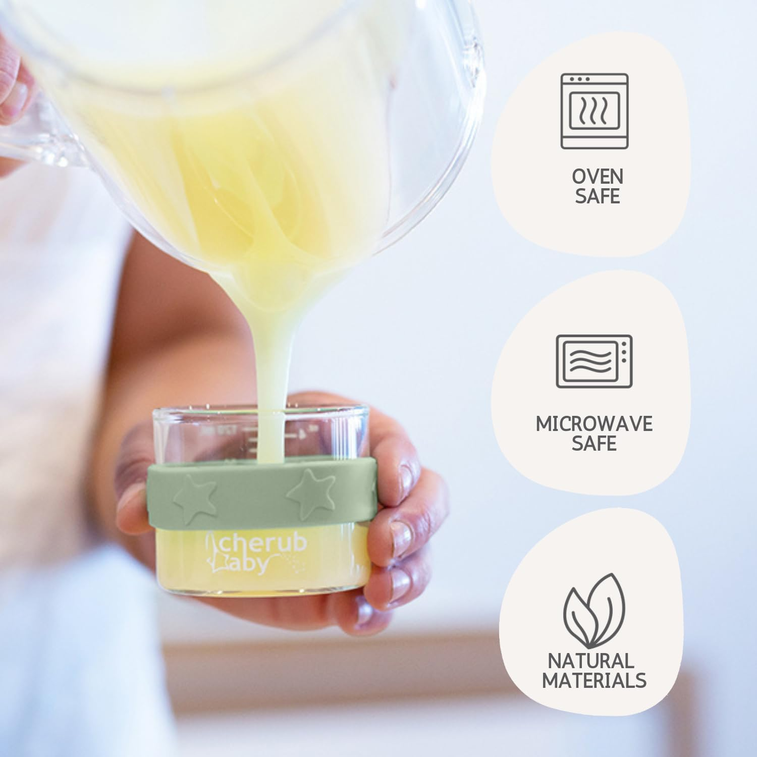 Cherub Baby Durable Non-Toxic BPA Free, Leak-Proof, Microwave, Oven, Freezer Safe Silicone & Glass Baby Food Storage Container Jar with Airtight Lid Pack of 3 120Ml - Cerulean/Sage