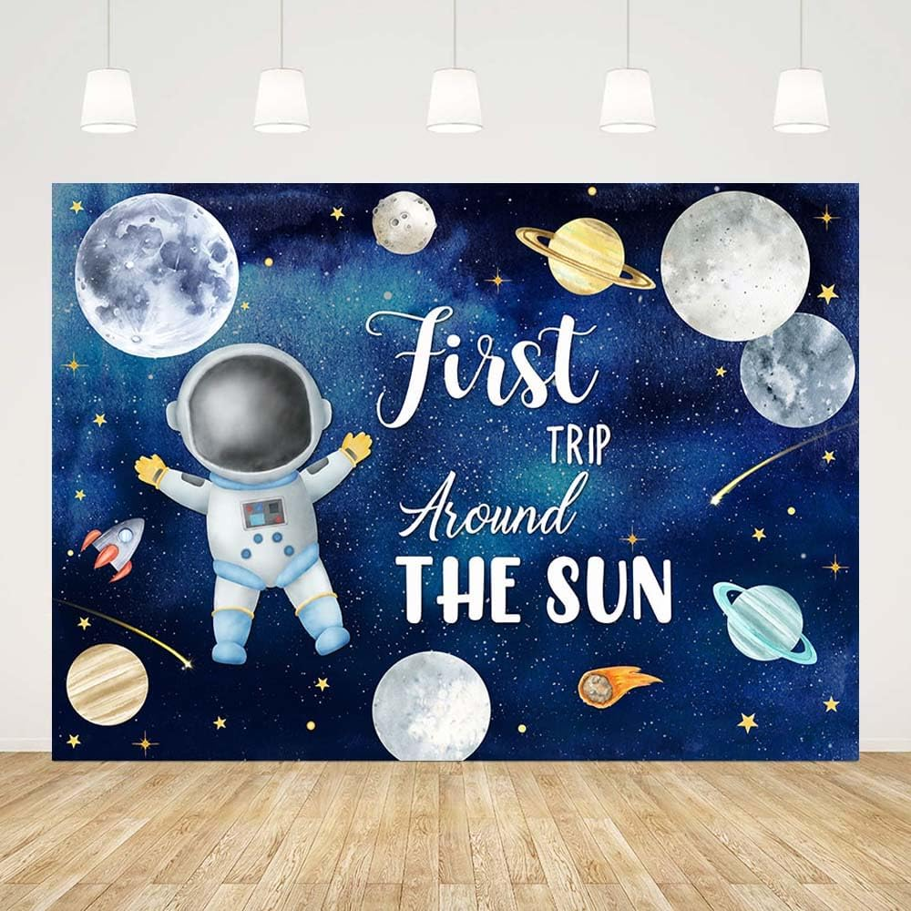 AIBIIN 7X5Ft First Trip around the Sun Birthday Backdrop Outer Space 1St Birthday Photography Background Galaxy Space Sun Planets Astronaut Birthday Party Decorations Banner Photo Booth Props
