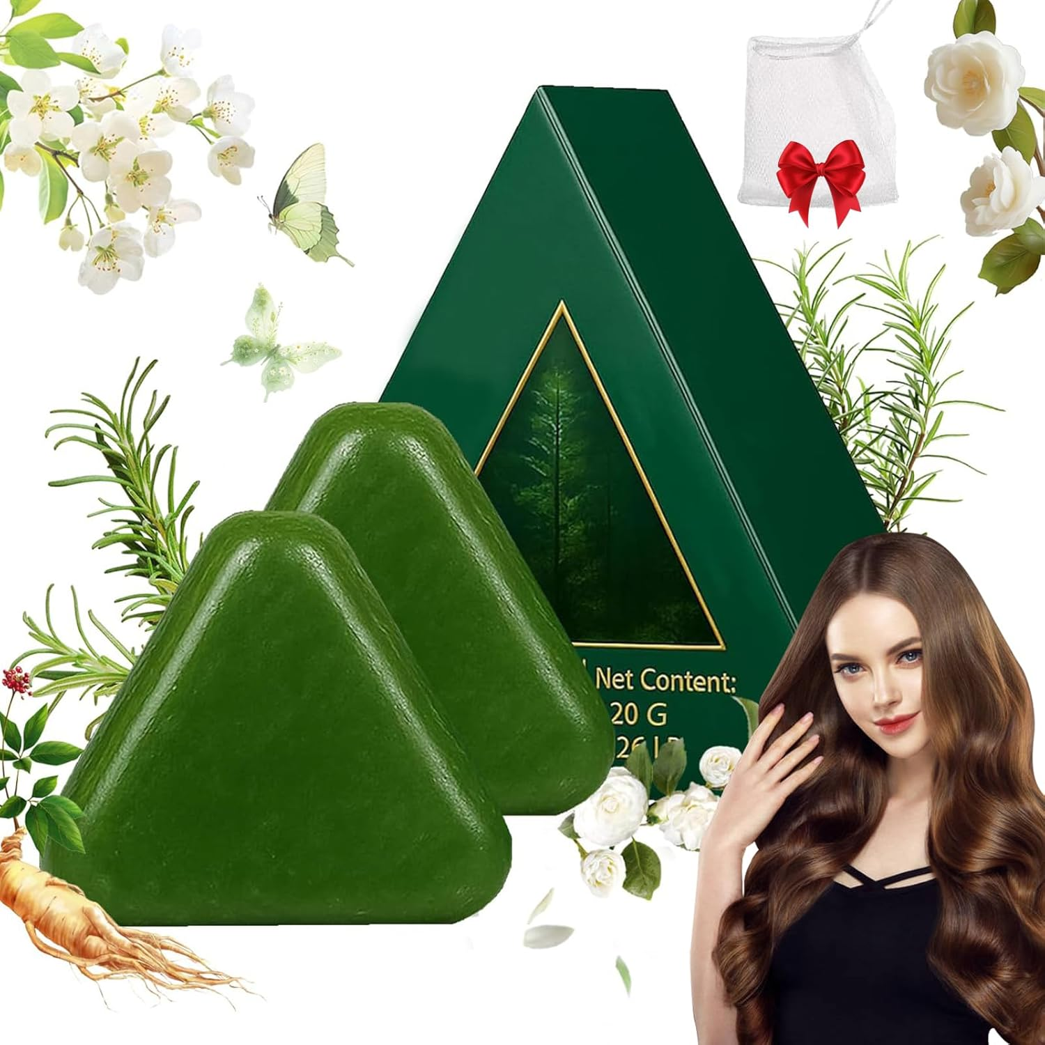 Nature Triangle Shampoo Bar, Nature Seven Green Soap Shampoo Triangle, Natural Usman Grass Glutinous Rice Water Solid Shampoos Bar for Hair, Strengthens Smooths Hair, for Women and Men (2 PCS)