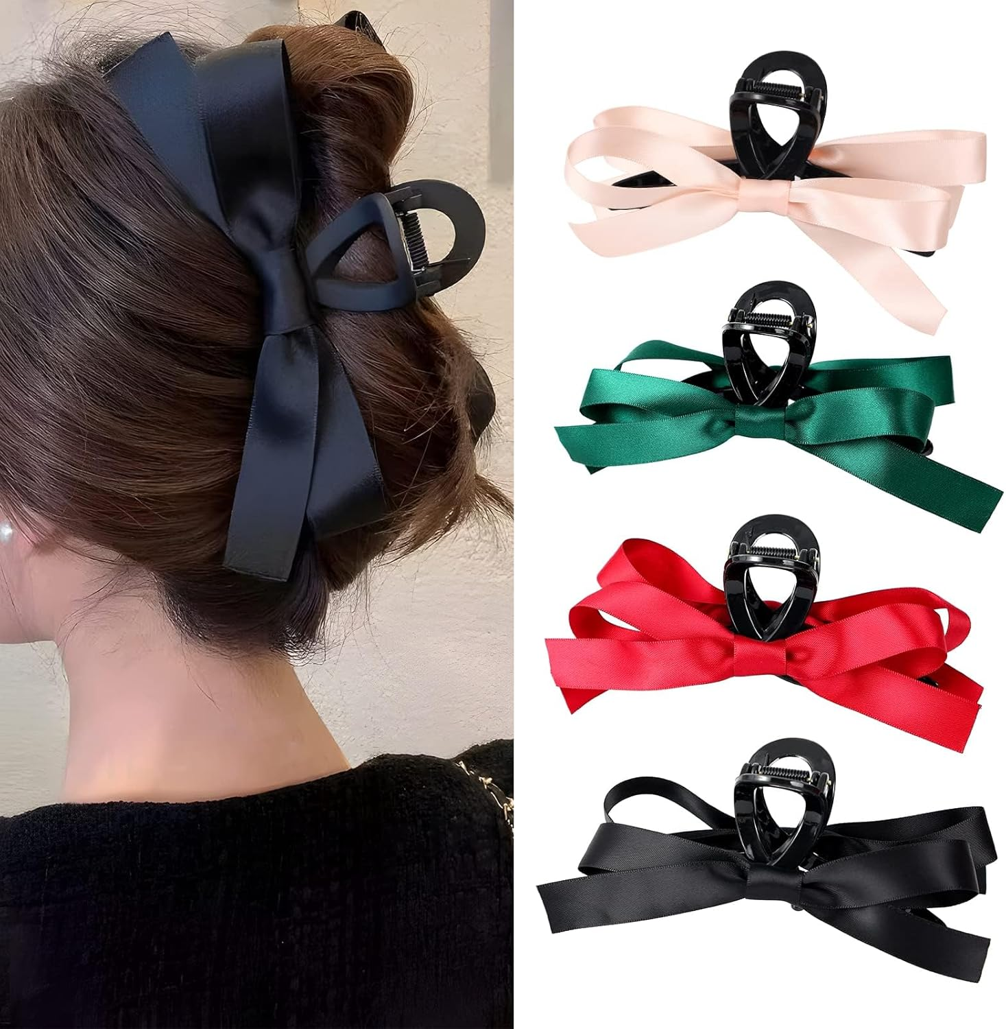 WERPUER 4 Pieces Non-Slip Hair Clip with Bow for Thin Thick Curly Hair Accessories with Bow for Birthday Party Christmas Thanksgiving (Black, Pink, Green, Red) image number 2