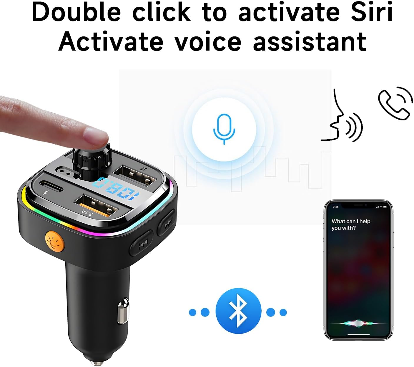 QUMOX Bluetooth FM Transmitter for Car, C26 Model, Hands-Free Calling, USB-C Fast Charging, 7-Color Ambient Light, Support MP3/WAV/FLAC, Dual USB Ports, Compatible with 12V&ndash;24V Vehicles