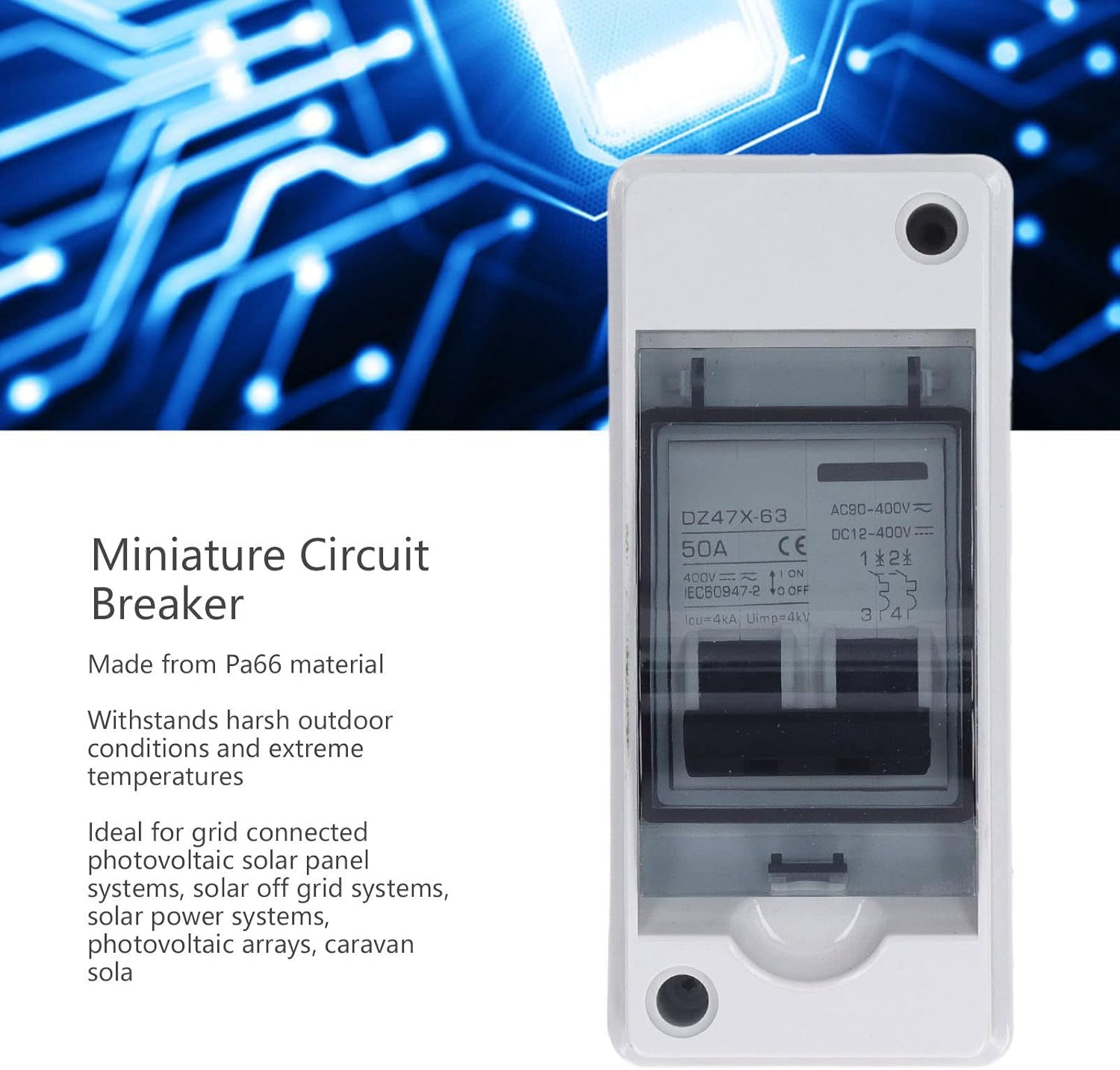 Miniature Circuit Breaker, 2 Pole 50Amp Circuit Breaker Protector with IP65 Waterproof Cover DC Solar Disconnect Switch Isolator for Solar PV System, with Safe