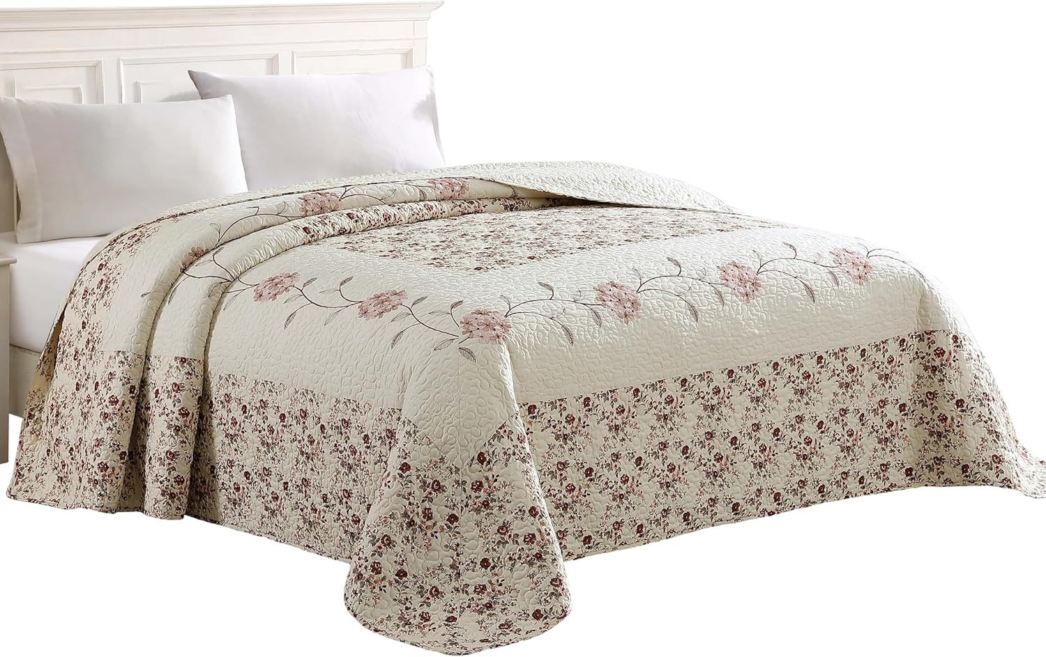 Beatrice Home Fashions Carnation Floral Embroidered Quilted Bedspread, Lightweight, All-Seasons, Full, Lavender image number 1