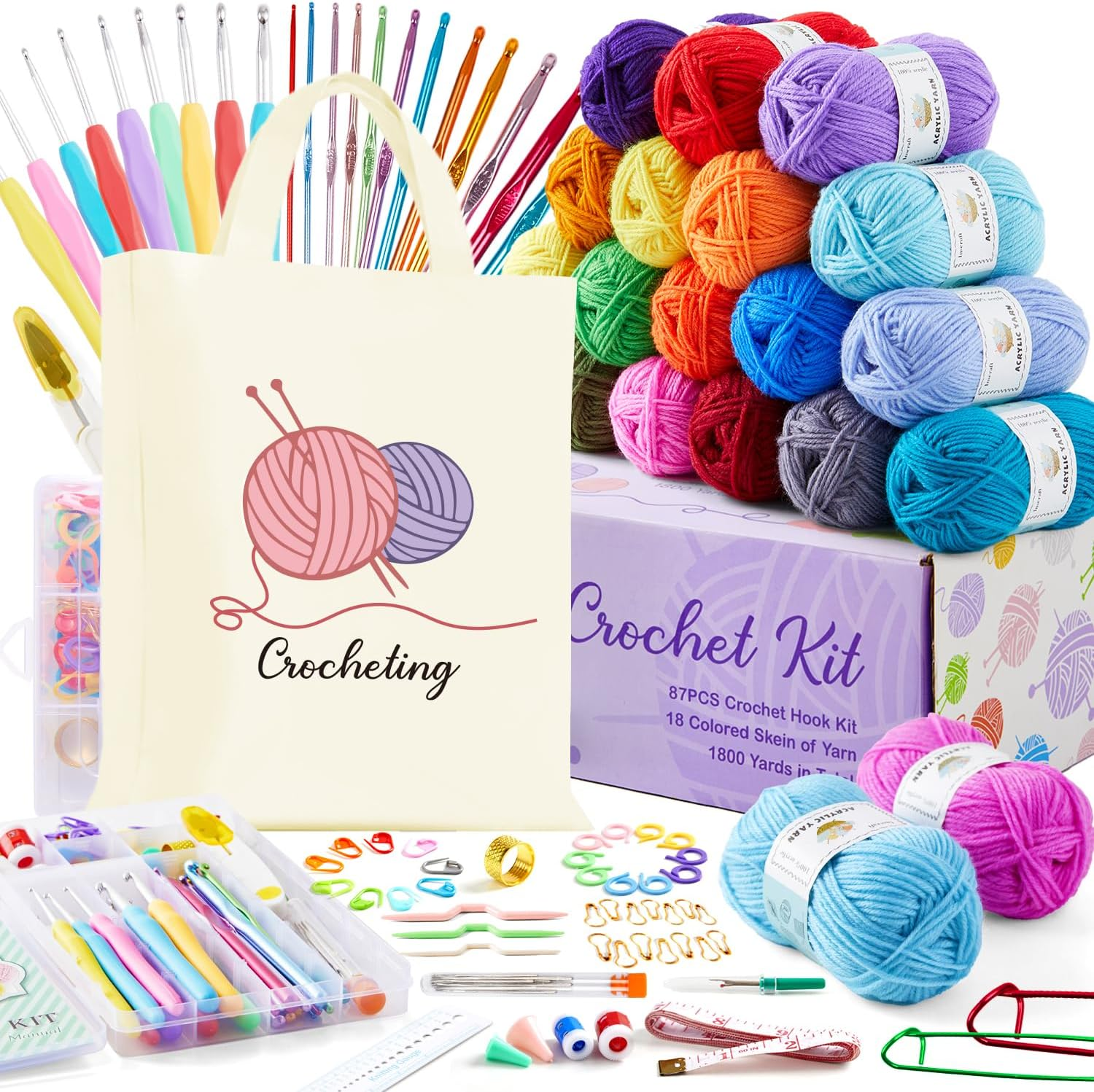 INSCRAFT Crochet Kit for Beginners Adults, 18 Large Acrylic Yarn Skeins 1800 Yards Yarn, 105 PCS Crochet Kit with Hooks Yarn Set,Includes Canvas Tote Bag, Ideal Starter Pack for Kids Professionals image number 2
