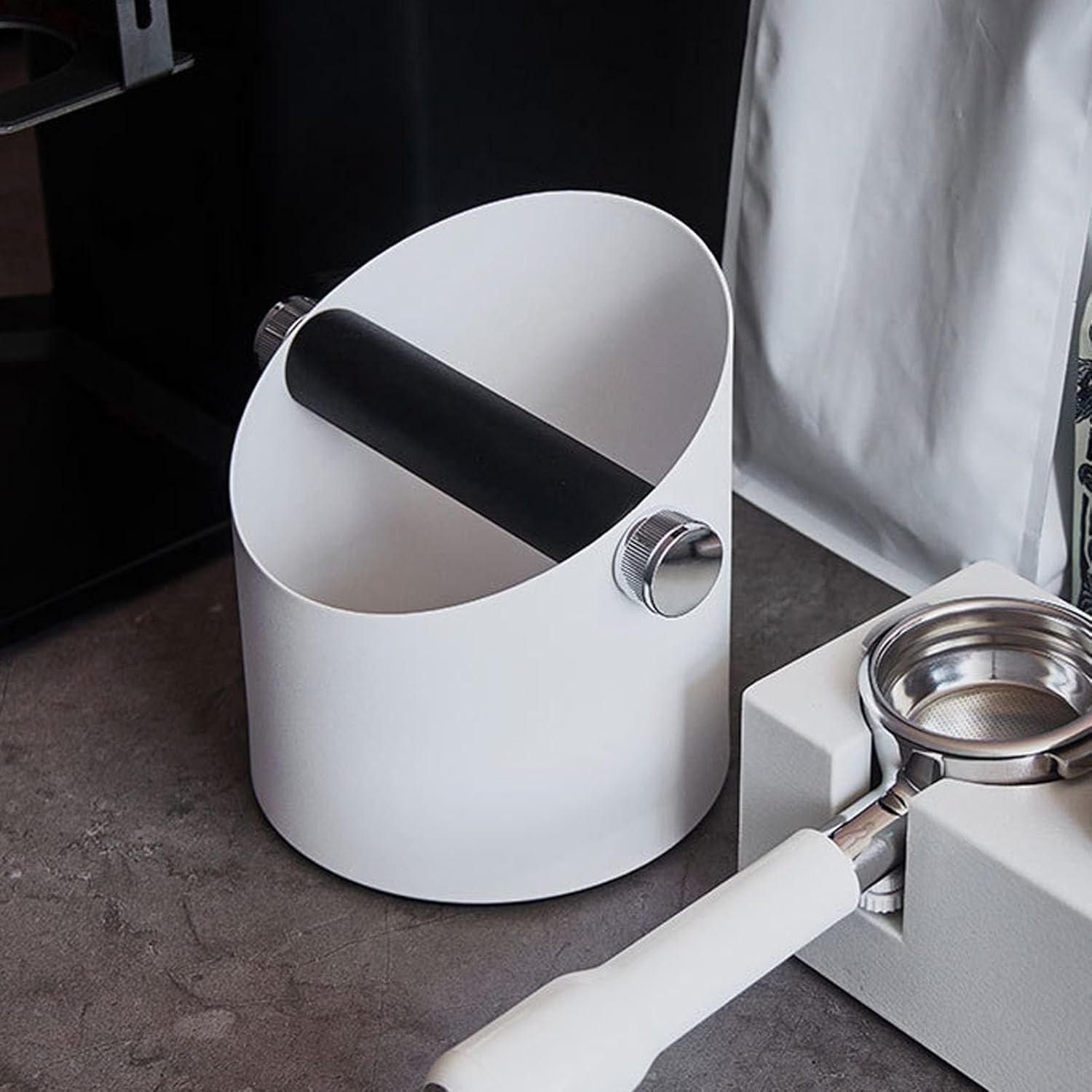 Stainless Steel Coffee Grounds Knock Box, 4.5 Inch Coffee Knock Box with Removable Knock Bar for Home (White)