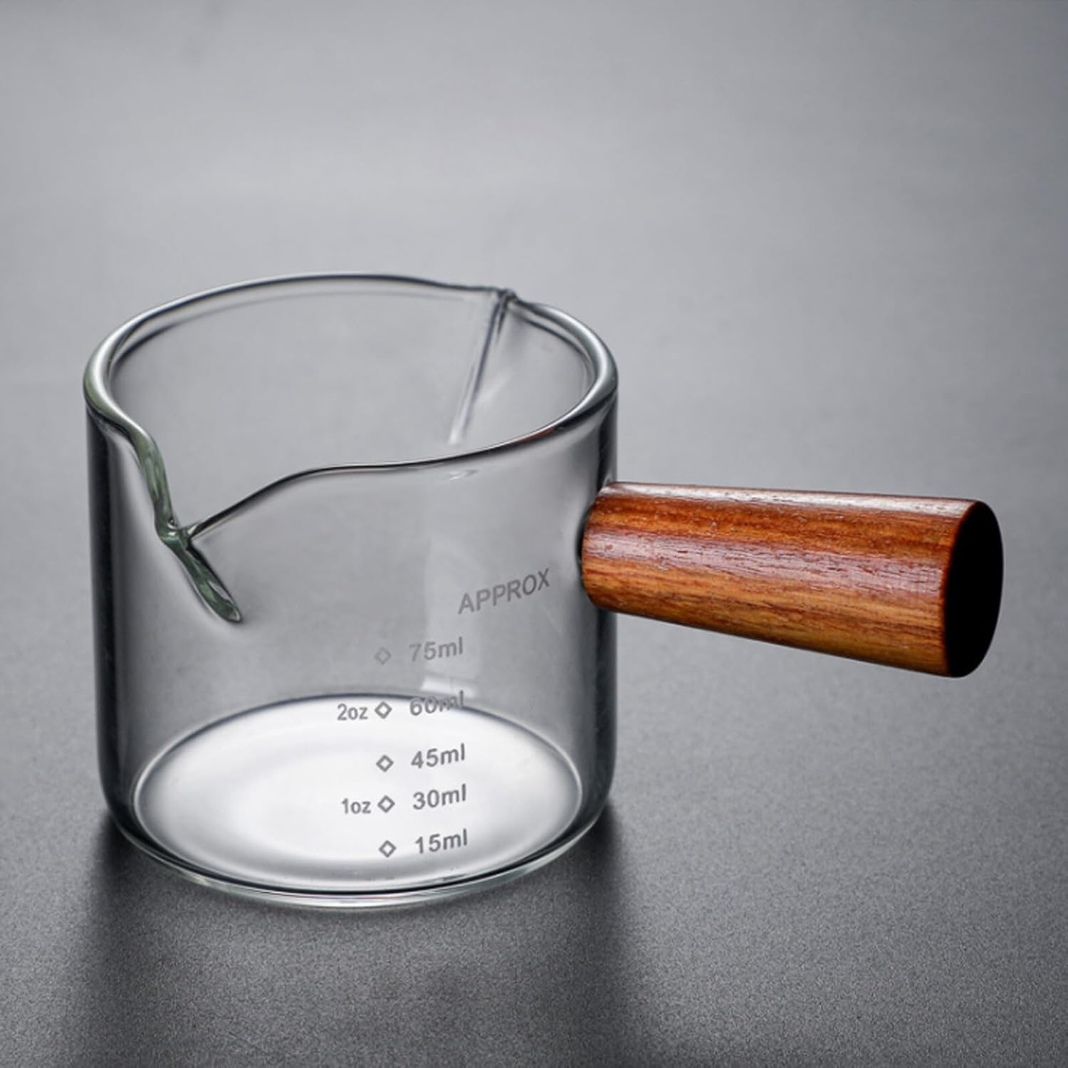 CLISPEED Glass Milk Cup Double Spout with Wooden Handle, Thick-Bottom Coffee Latte Art Measuring Pitcher for Home Use, Heat-Resistant Milk Frothing Cup for Espresso Accessories image number 4