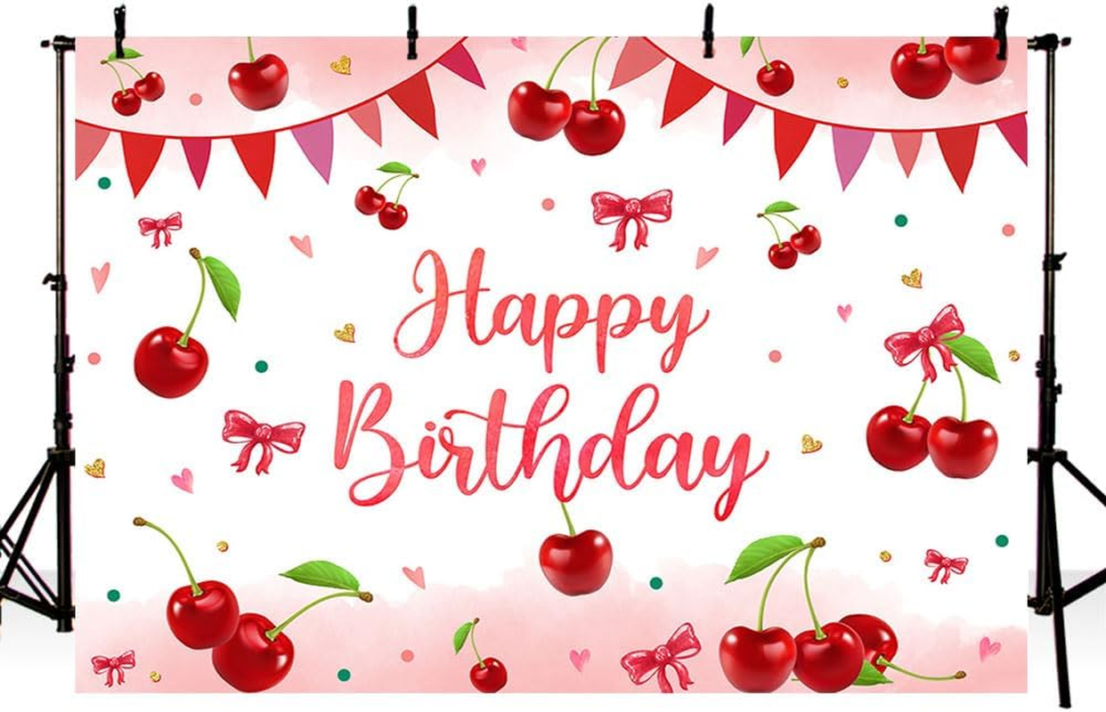 AIBIIN 7X5Ft Cherry Birthday Backdrop Red Bowknot Cherries Girl Birthday Decoration Background Sweet Cherries Banner for Girls Birthday Cake Smash Party Supplies Photo Booth Props image number 4