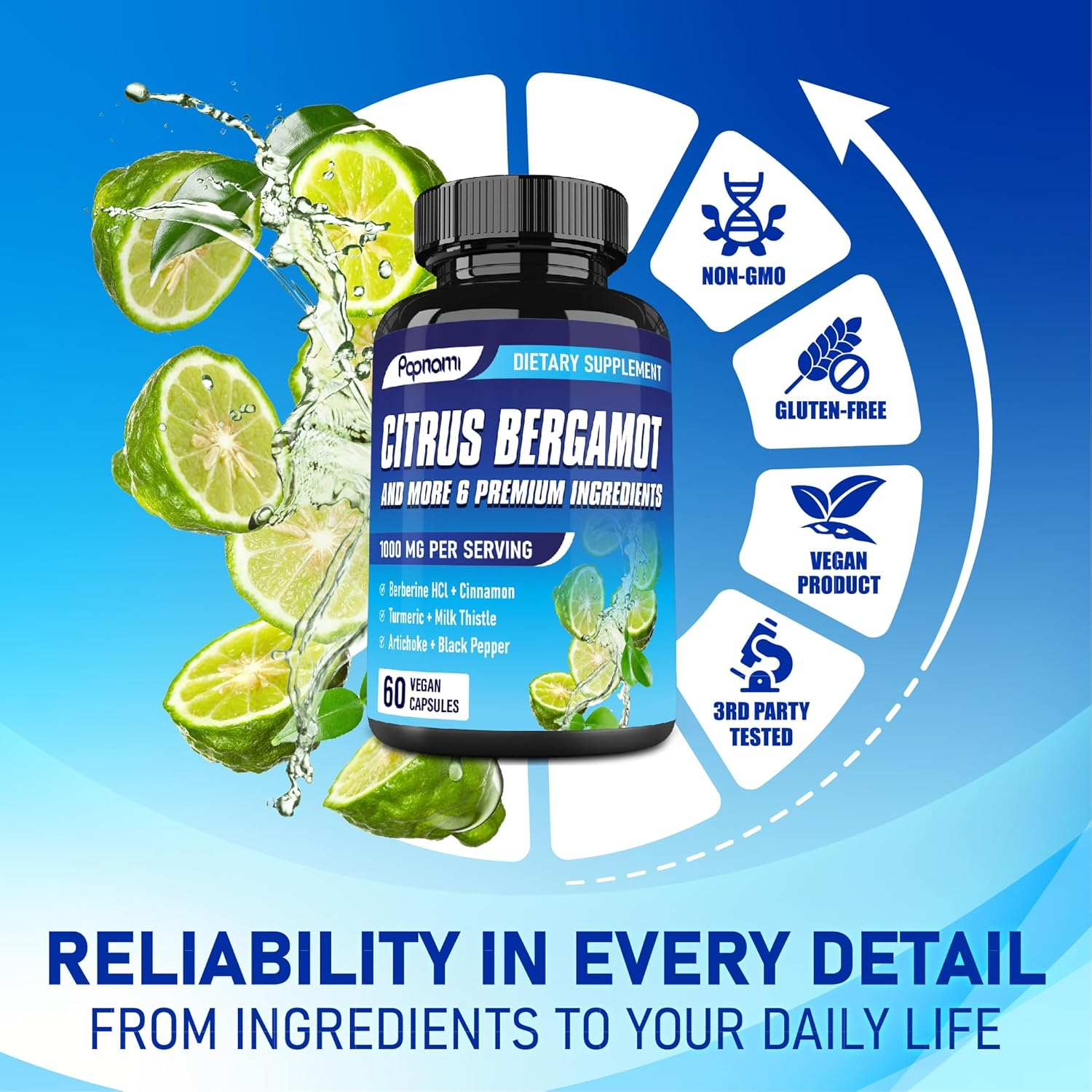 Papnami 7In1 Citrus Bergamot Supplement - Blended with Berberine Hcl, Cinnamon Bark, Turmeric, Milk Thistle, Artichoke Leaf & Black Pepper | 60 Count image number 1