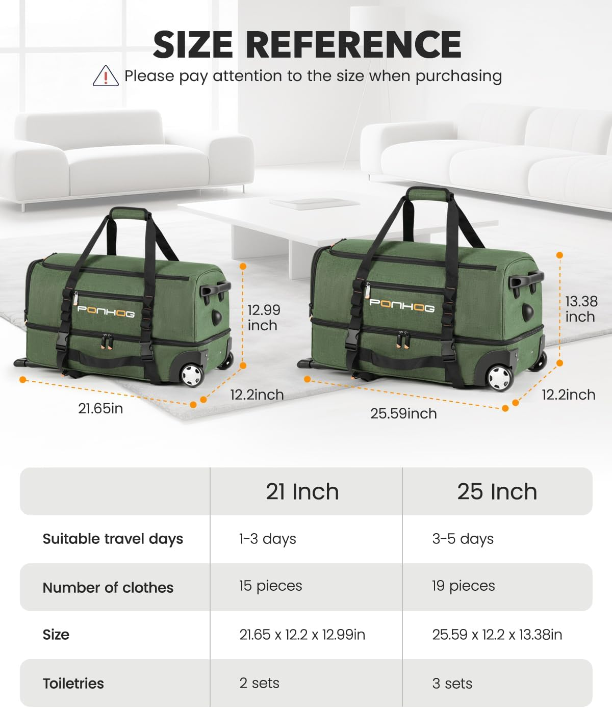 Rolling Duffle Bag with Wheels, Large Travel Duffel Bag with Shoe Compartment, Water Resistant Rolling Wheeled Luggage for Men Women Weekender Overnight Trip, Green, 21 Inch image number 5