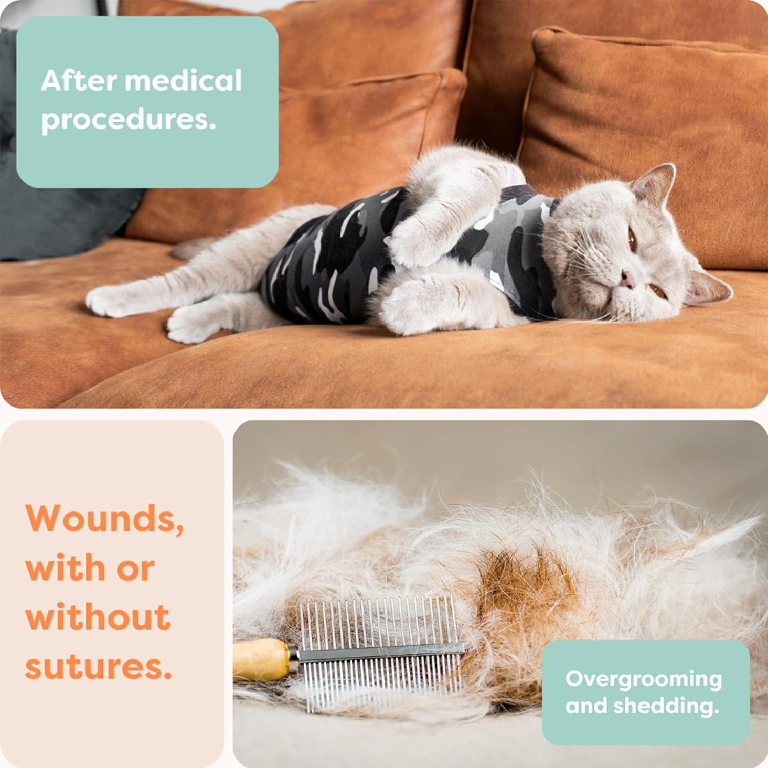 Suitical Recovery Suit for Cats | Spay and Neutering Cat Surgery Recovery Suit for Male or Female | Soft Fabric for Skin Conditions | 3XS | Neck to Tail 11.4&rdquo; - 14.6&rdquo; | Black Camouflage image number 1