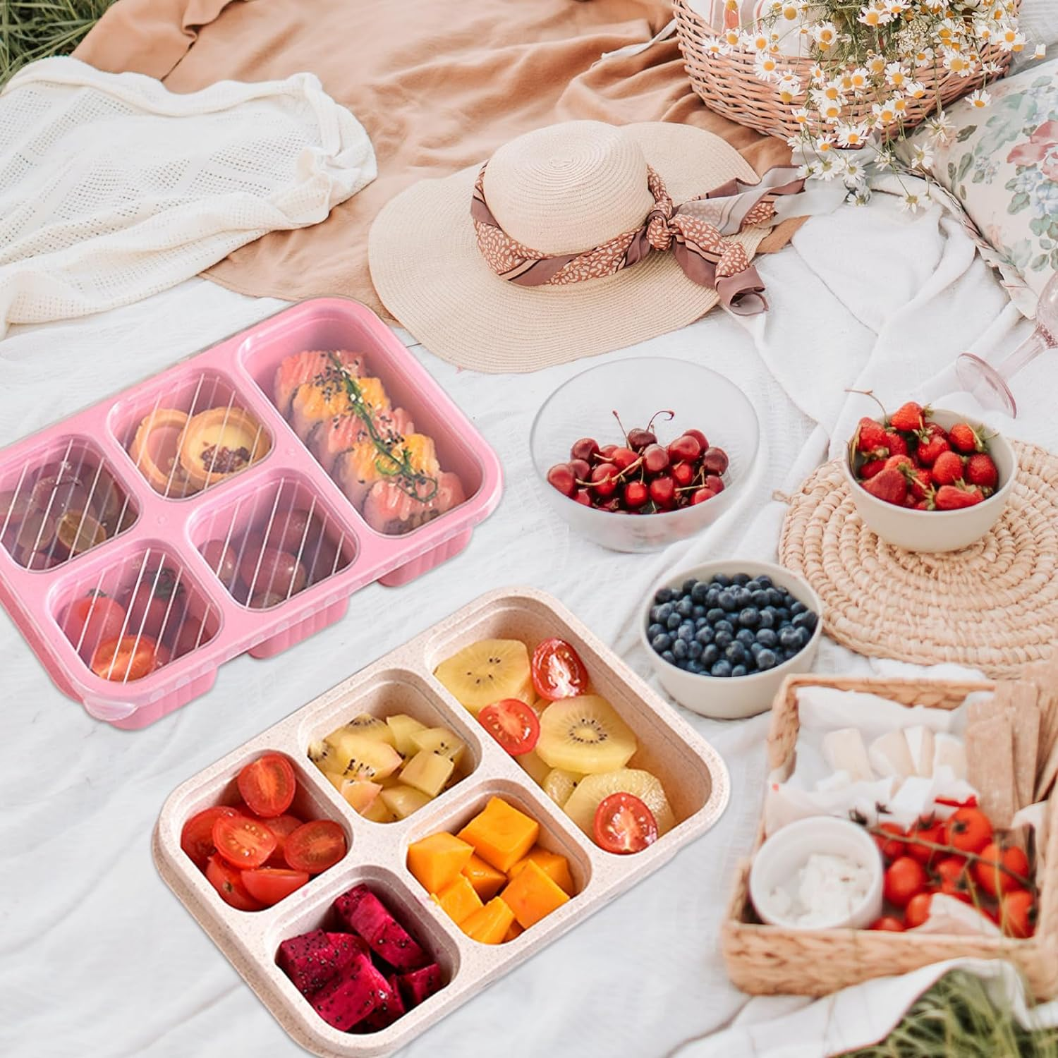 4 Pack Bento Box Set with Lid, 1000ML Lunch Box with 5 Compartments,Lunch Containers for Kids Adults, Divided Food Storage Containers for Work Travel School