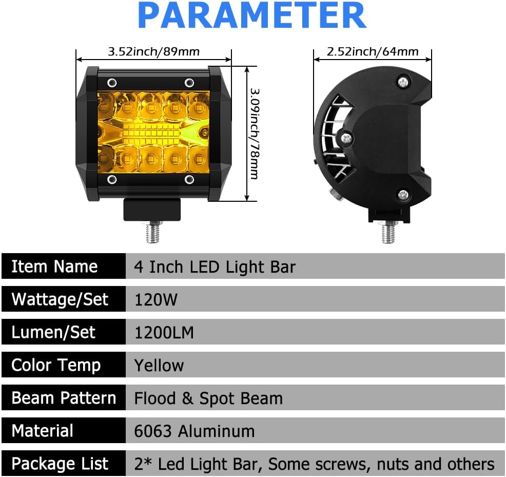 Winpower 4 Inch LED Pods, 120W 1200LM 12V Flood Spot Combo Beam Pods Lights off Road Light Bar Fog Lights Driving Work Light for Truck Pickup ATV UTV SUV Trailer Boat, Yellow image number 2