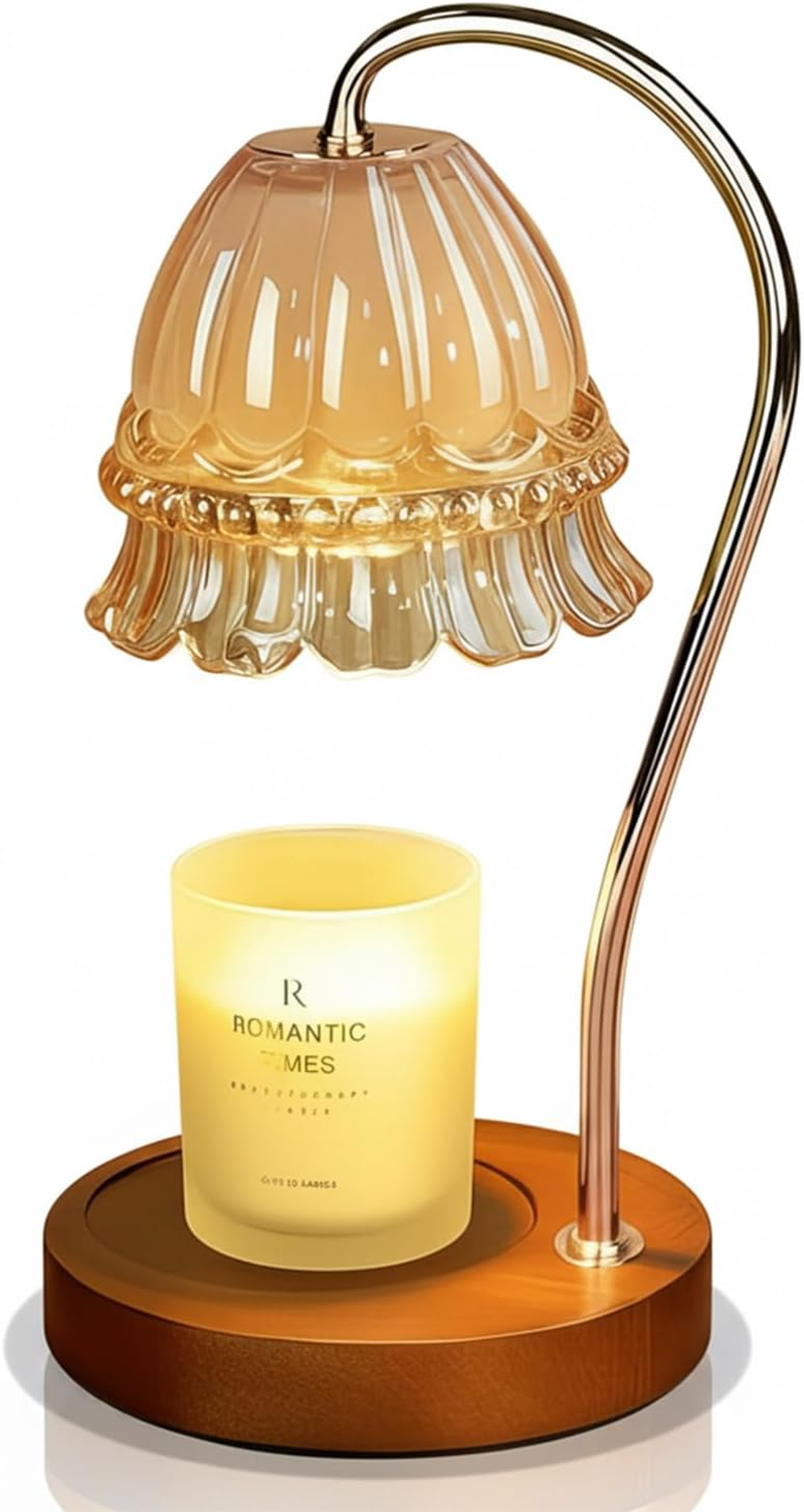Vintage Candle Warmer - Aromatherapy Lamp with Timer | 4-Level Dimming and Infinite Dimming | Glass Shade | Wooden Base | Includes Two 50W G10 Halogen Bulbs | Elegant Home Decor (Yellow) - Yellow image number 4