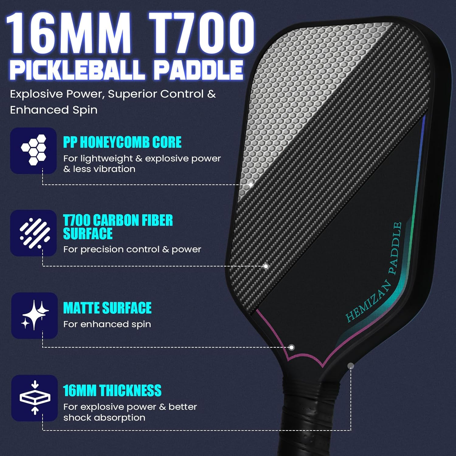 T700 Carbon Fiber Pickleball Paddle - Matte Carbon Pickle Ball Paddles Set of 16Mm Elongated Racket, Eraser Cleaner and Carry Bag by HEMIZAN image number 2