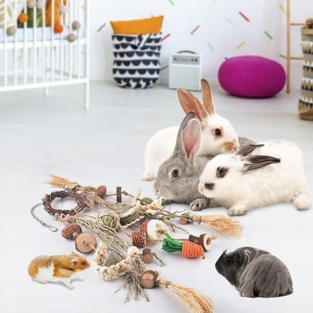 Bunny Chew Toy, Natural Applewood Bunny Boredom Breaker Treats Rattan Ring Chew Toys, Cage Hanging Toys with Snacks Grass Ball Carrot for Rabbits, Hamsters, Guinea Pig ﻿ image number 2