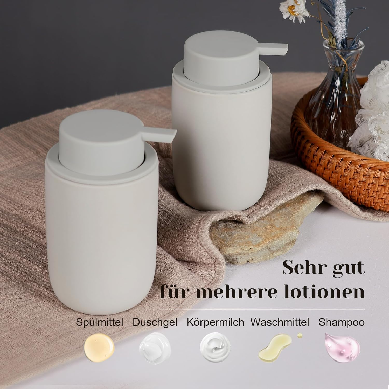 Autumnlife Ceramic Soap Dispenser Set, Grey, Pack of 2 Washing-Up Liquid Dispenser, 350 Ml Soap Dispenser with Large Pump and Label, Refillable Dish Soap Dispenser, Suitable for Kitchen, Bathroom, - Blue - Liquid image number 5