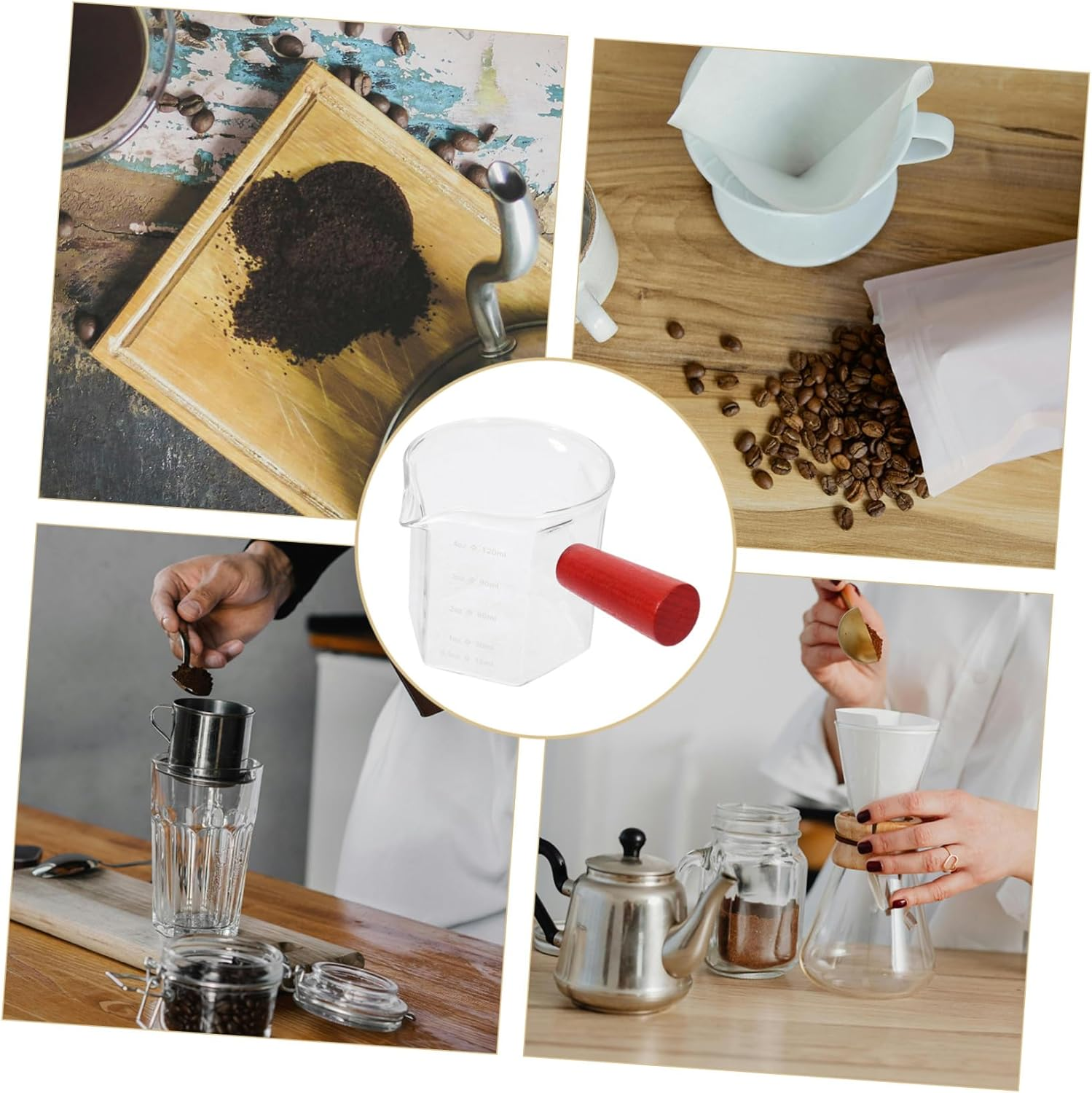 BATHVEVE Glass Espresso Measuring Cup with Heat-Resistant Wooden Handle Transparent Milk Pitcher with Scale for Precise Coffee Pouring and Consistent Brewing at Home Coffee Bar Random Color image number 6
