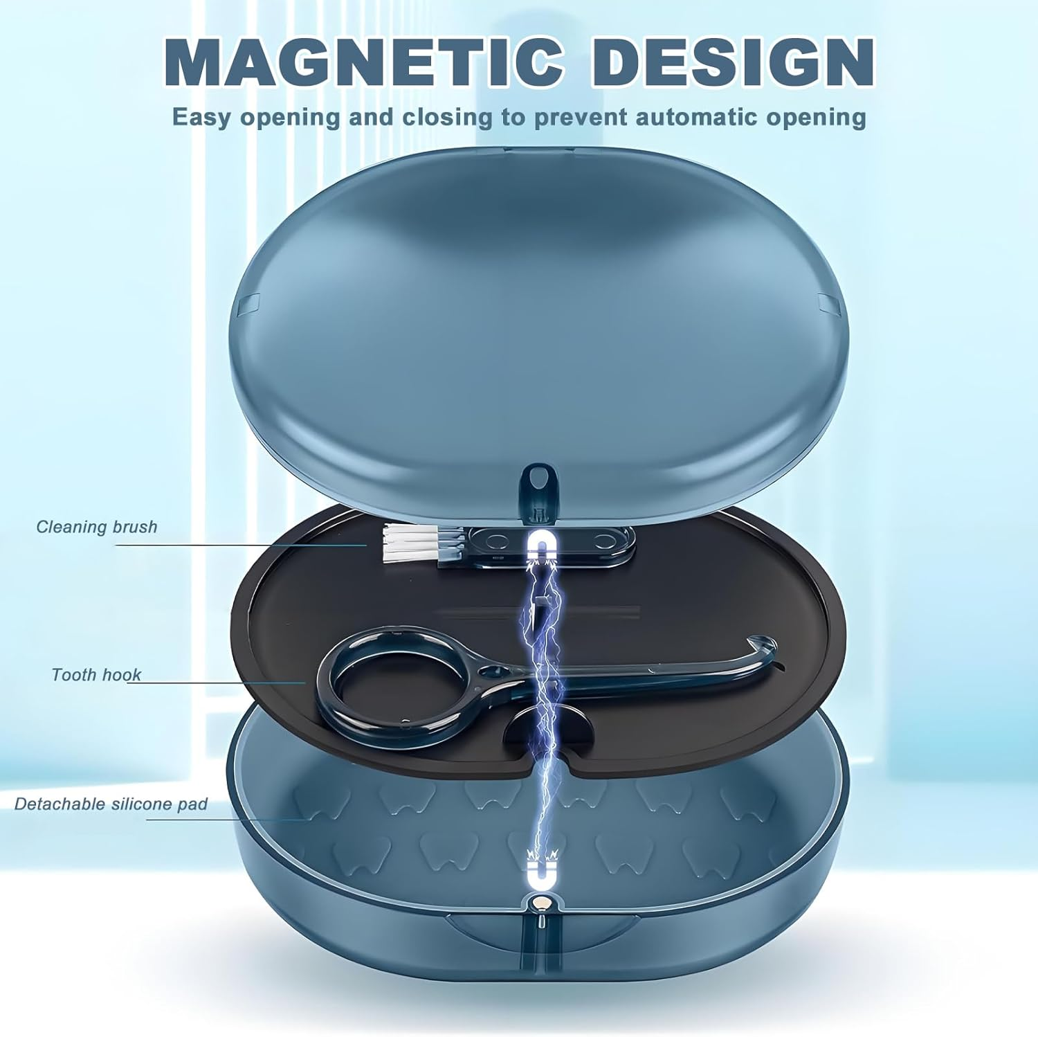 Checkzed Double-Layer Retainer Storage Case with Waterproof Removal Tool, Cleaning Brush, Built-In Mirror Orthodontic Retainer Case, Mouth Guard Case, Denture Case（Blue） image number 4