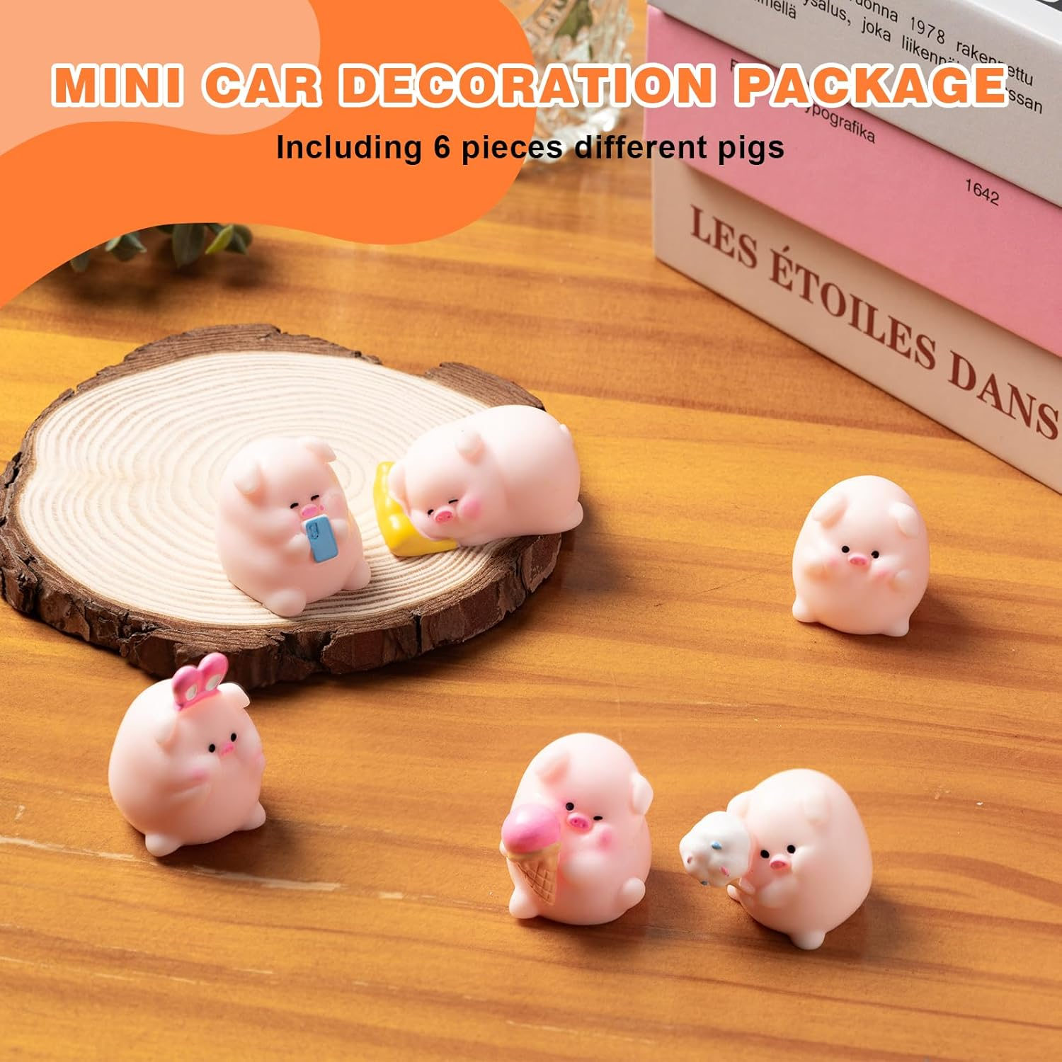 Cute Pig Car Dashboard Decor, 6PCS Cute Pink Pig Car Dash Decorations Car Door Rear View Mirror Ornament Interior Accessories for Home Office - Luminous Pig image number 2