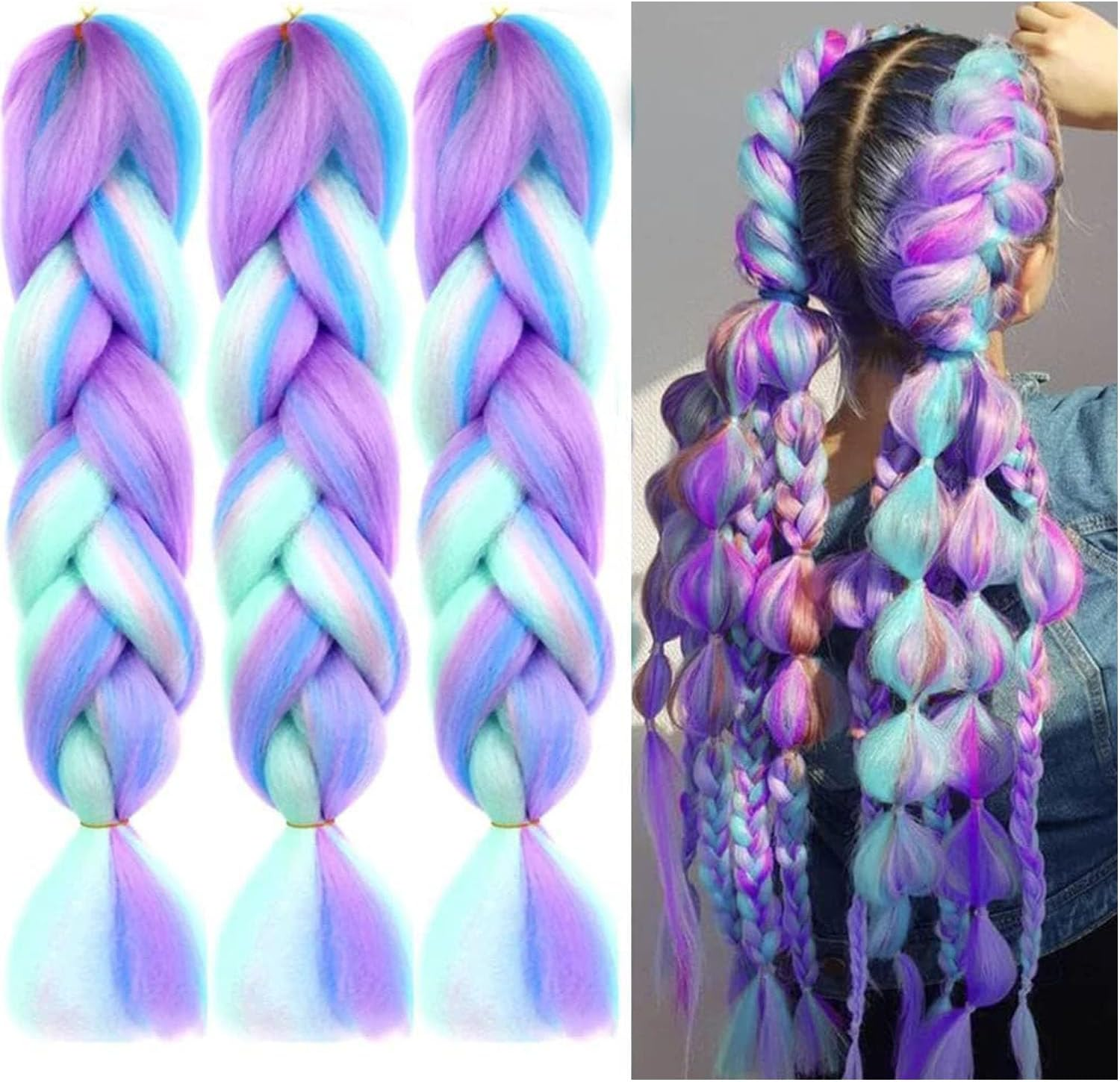 3 Packs Ombre Braiding Hair Colorful Pre Stretched Braiding Hair,24Inch Extensions High Temperature Synthetic Crochet Braiding Hair Roe Men Women(Purple/Light Purple/Blue/Light Cyan）